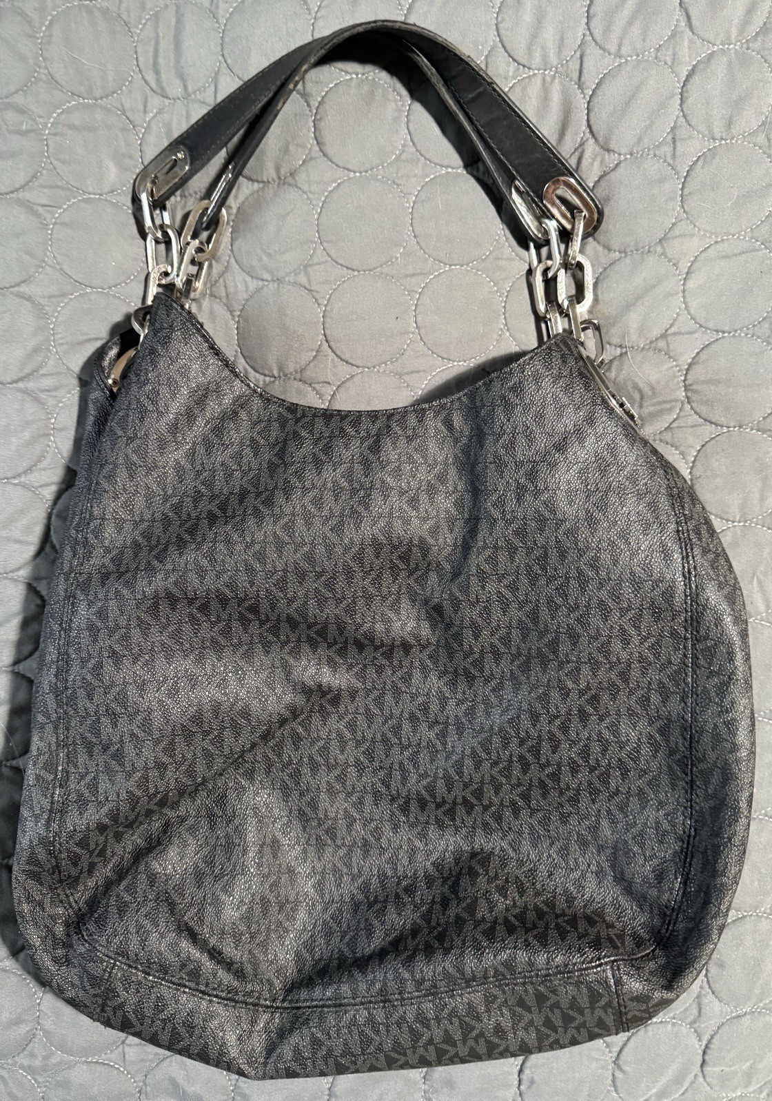 Michael Kors Gray/Black Monogram Hobo Shoulder Bag Zip/Magnetic Silver HW