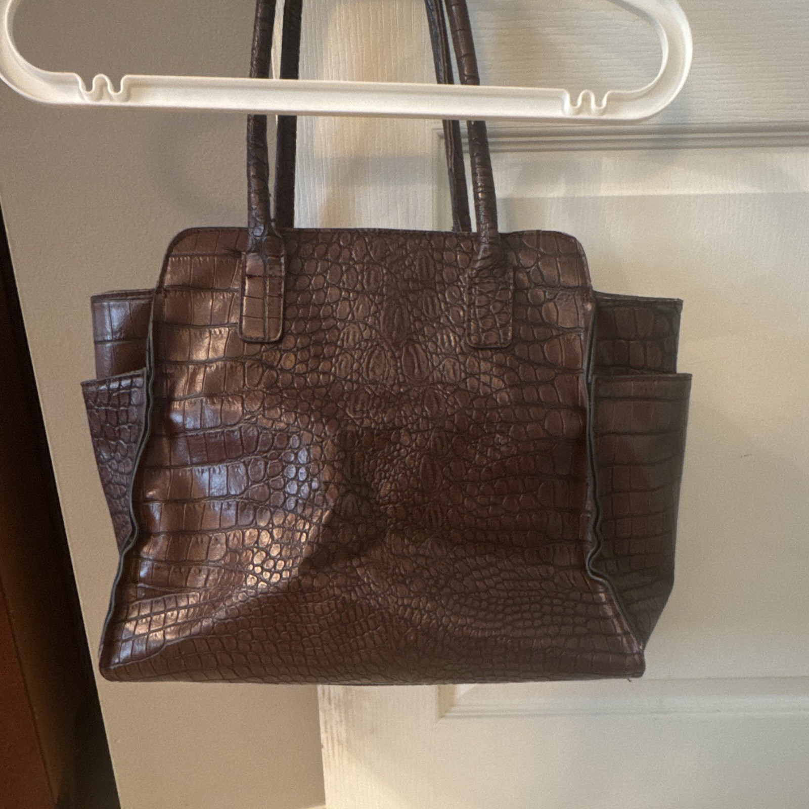 Brown Croc-Embossed Large Satchel Top Handle Bag, Zip Closure, Outer Pockets