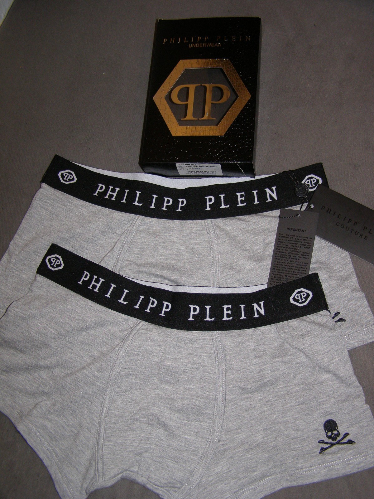 PHILIPP PLEIN Exclusive Luxury Underwear, 2 Pack Skull, GREY, Size S – NEW