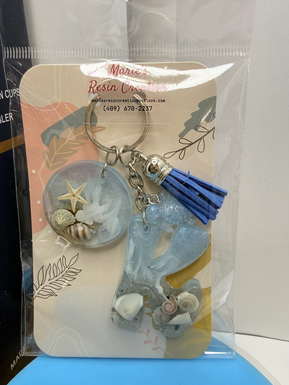 Custom made keychain Beach Theme Baby Blue Resin Keychain.