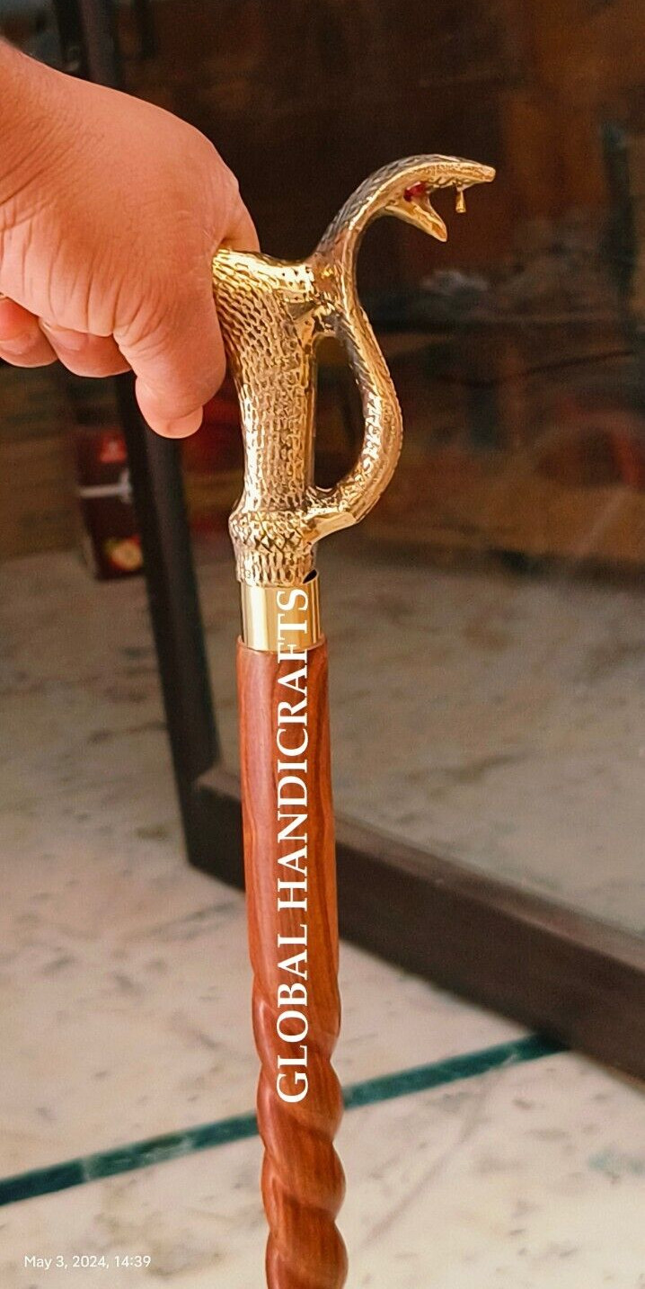 Nautical Brass Designer Snake Handle brown wooden SPIRAL curved walking stick