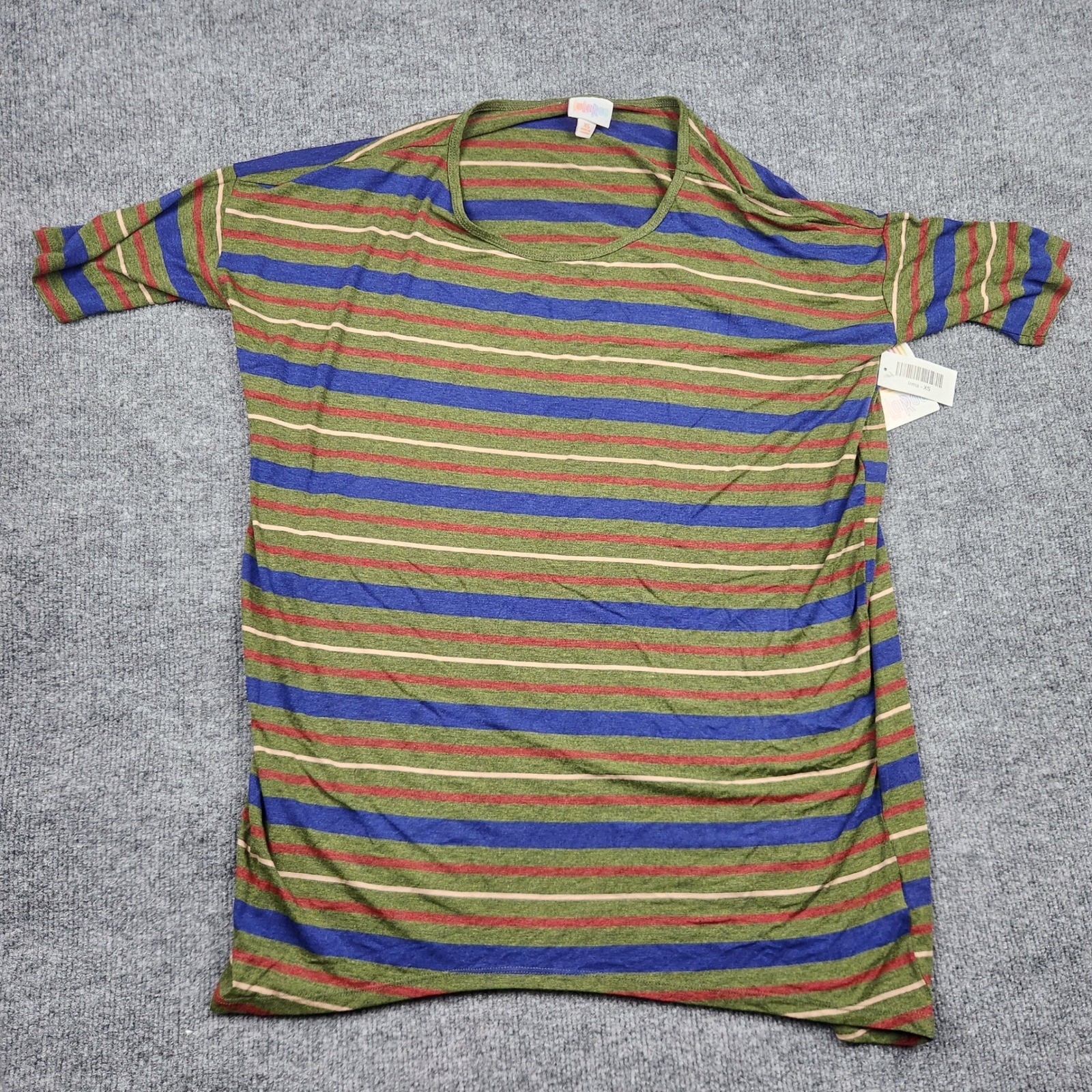 LuLaRoe Irma Tunic Women XS Green Blue Red Striped Oversized Short Sleeve NEW