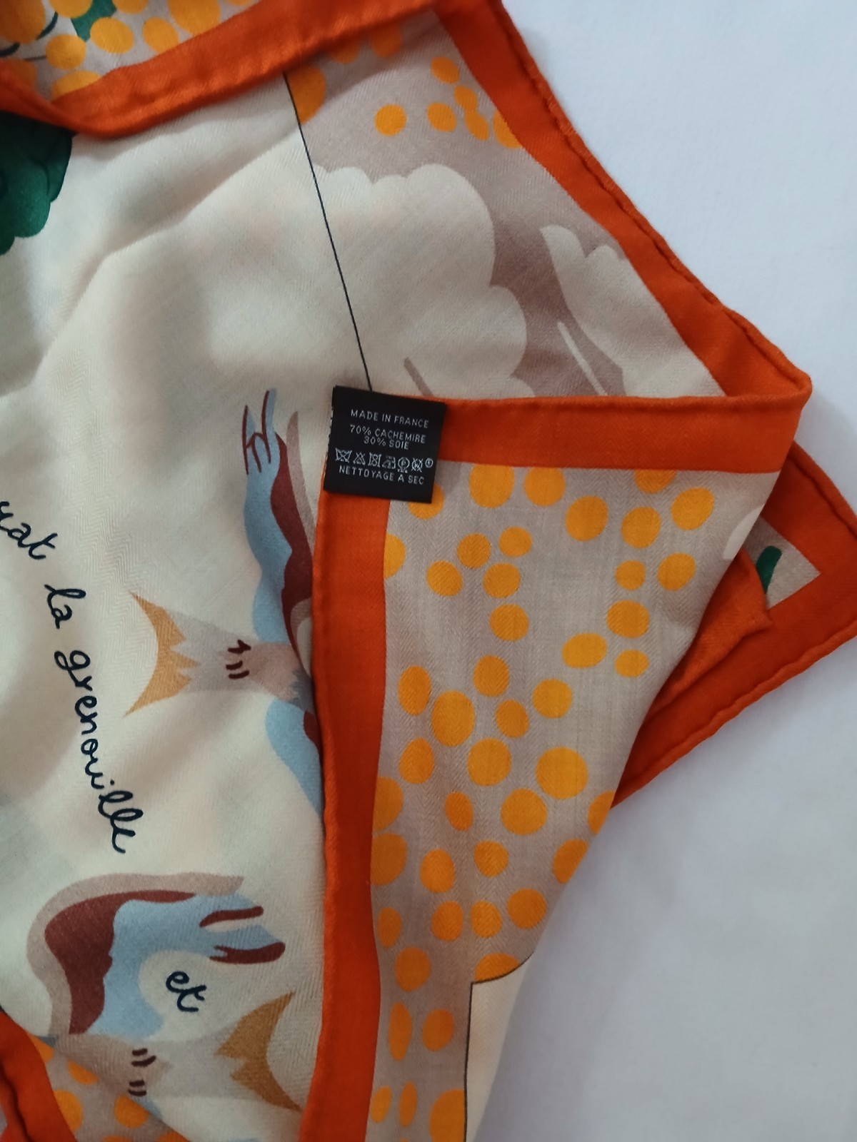 HERMES Shawl 140 Le Livre d’Esope Cashmere Silk Scarf Orange Multicolor Stole