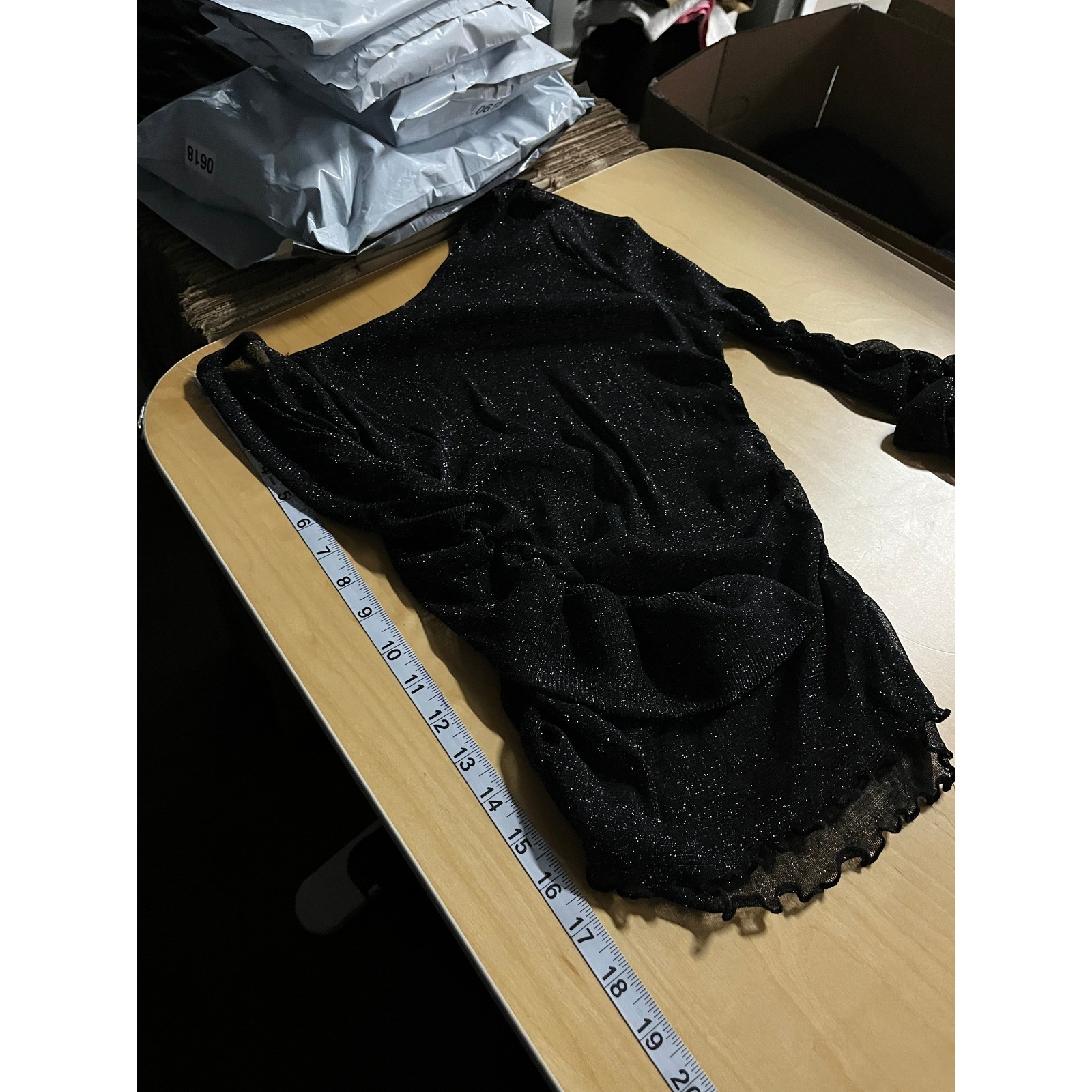 Womens One Shoulder Going Out Top S Black Sheer Stretch Ruched Sparkle Rave