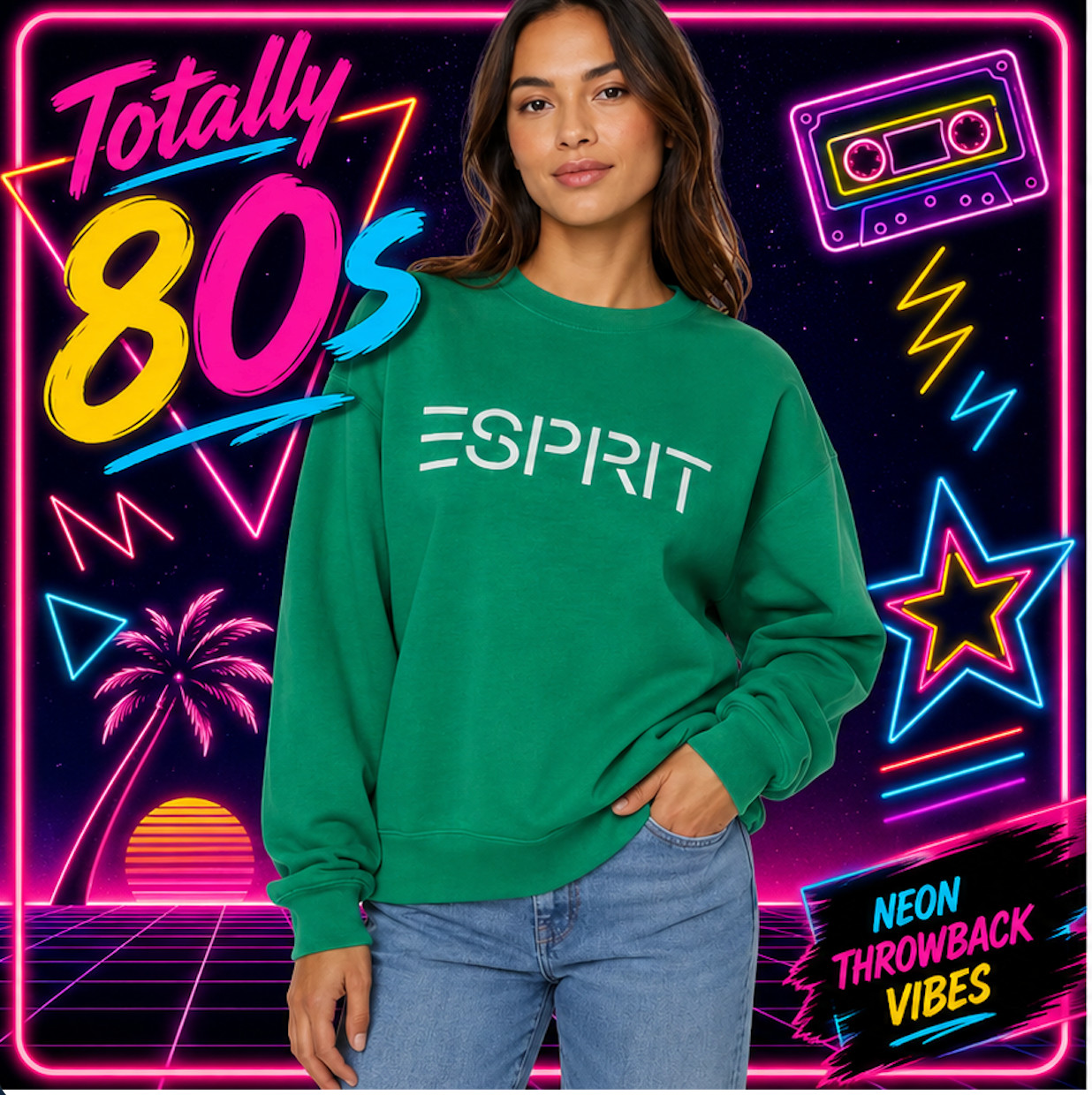 NEW XL Esprit Women’s Logo Fleece Crewneck Sweatshirt Green Viral 80’s Costco