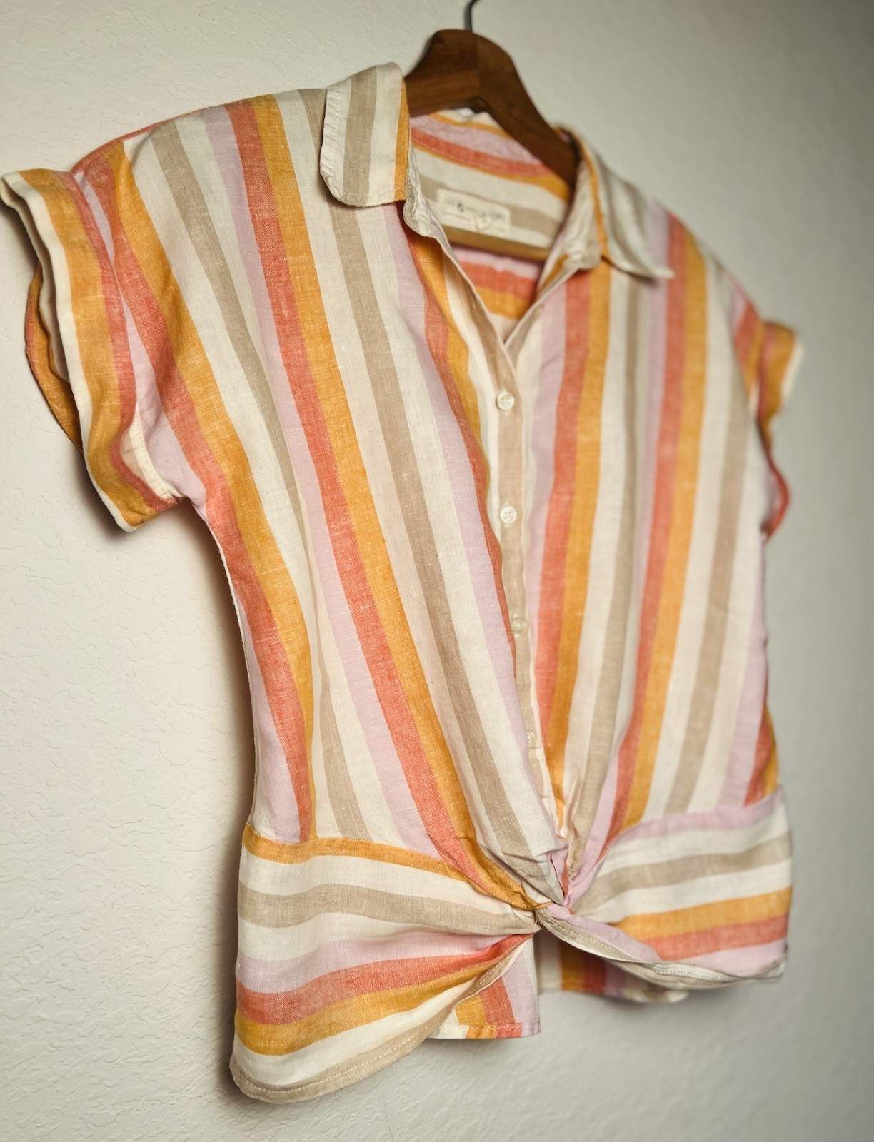 Lou & Grey Top XS Pastel Stripe 100% Linen Button Up Twist Front Shirt Boho