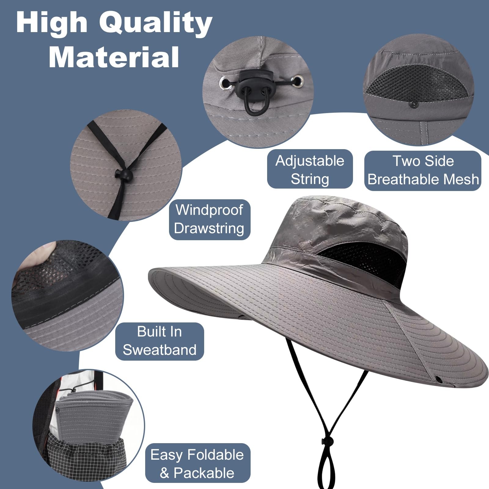 Super Wide Brim Sun Hat, UPF 50+ UV Protection Waterproof 7 1/8, Dark Grey 01