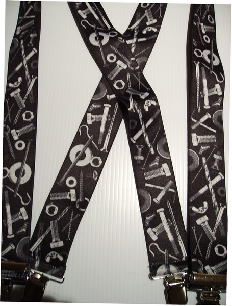 Men’s Nuts Bolts Screws Suspenders, X Style on Black. USA Made