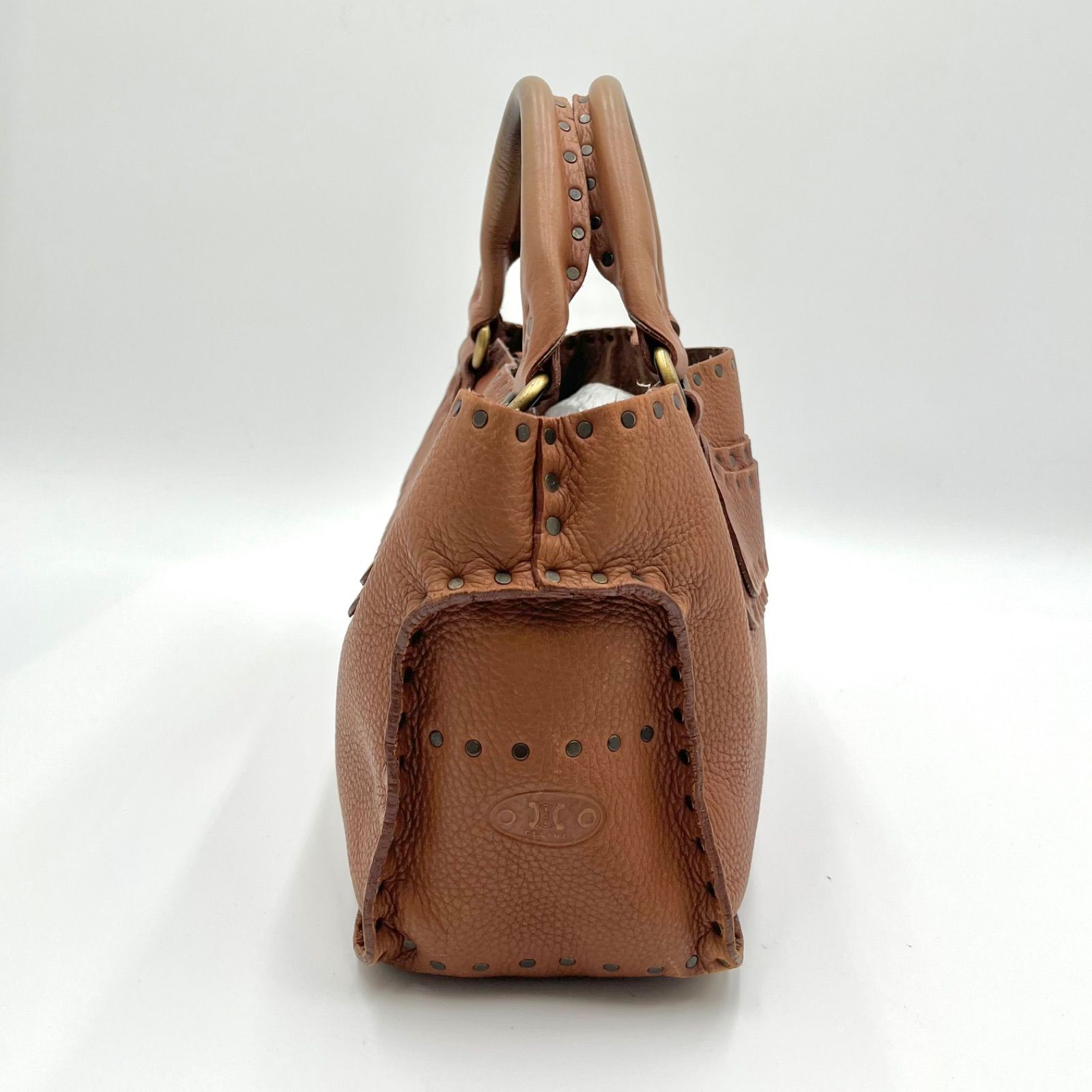 Auth Celine Boogie Bag Y2K Studded Leather Handbag, Brown 2Y9364