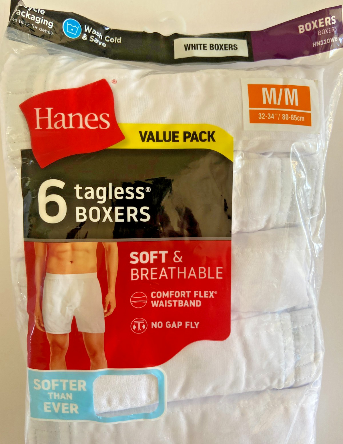 Men’s Hanes White Boxers 6 Pack Size Medium 32-34″ No Gap Fly Comfort Flex Waist