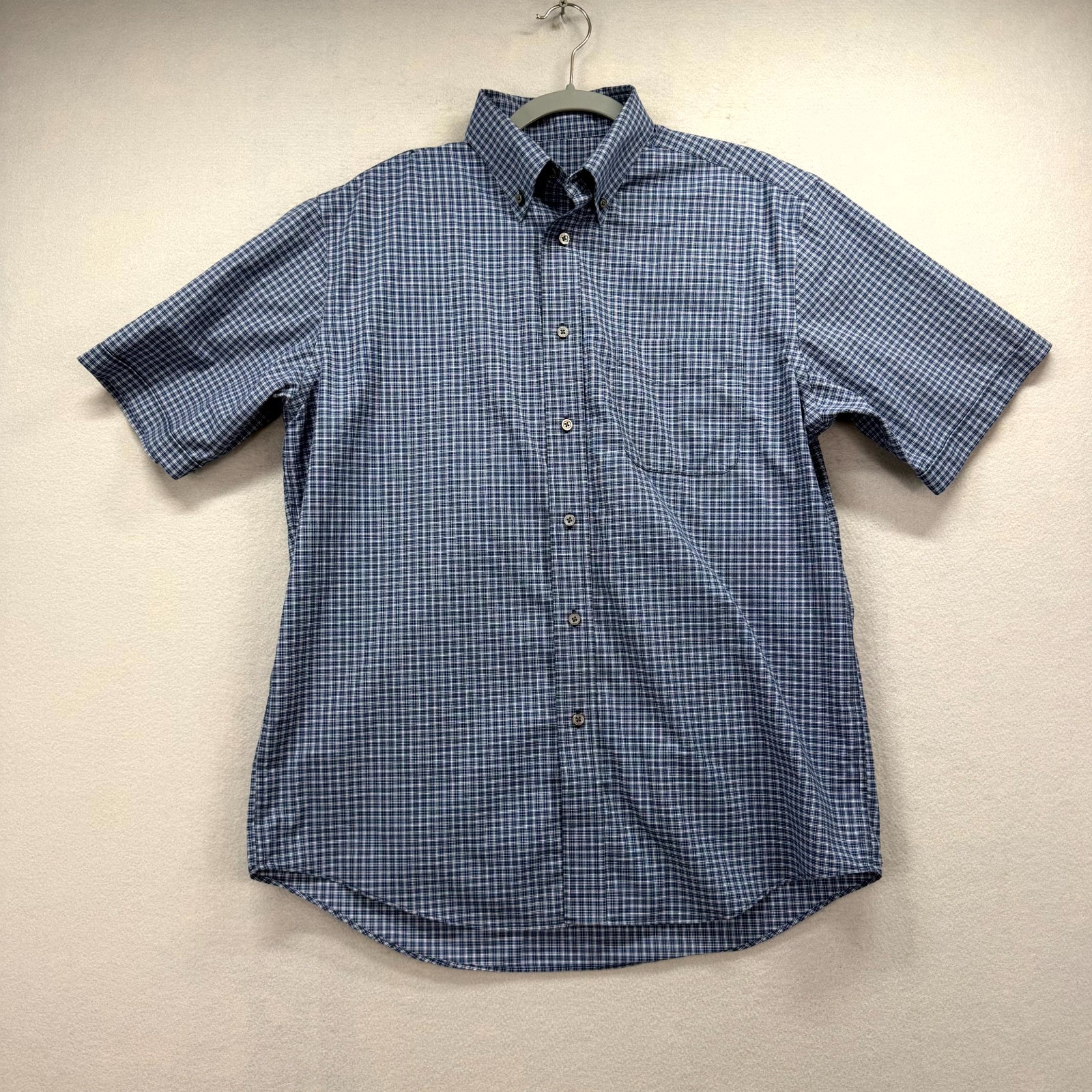 Jos. A. Bank Traveler Shirt Mens Medium Blue Plaid Traditional Fit Short Sleeve
