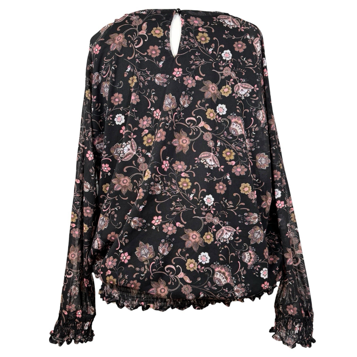 Joe Browns Sheer Floral Blouse Top Size 24 Black Long Sleeve Elastic Hem