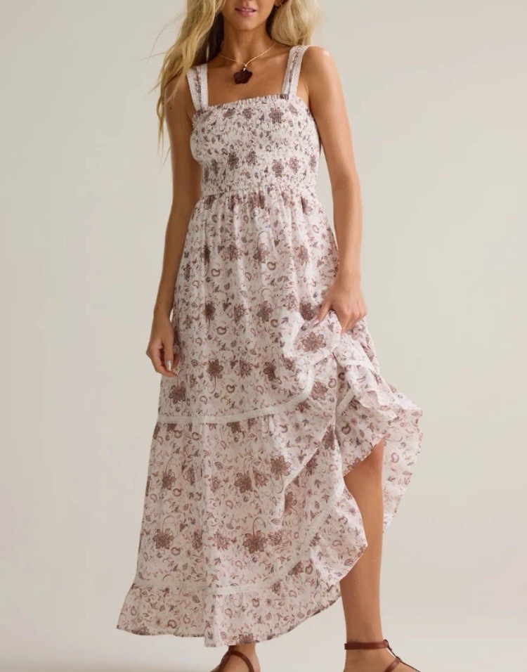 Women’s Ivory/Pink Floral Smocked Square Neck Strappy Sleeveless Maxi Dress