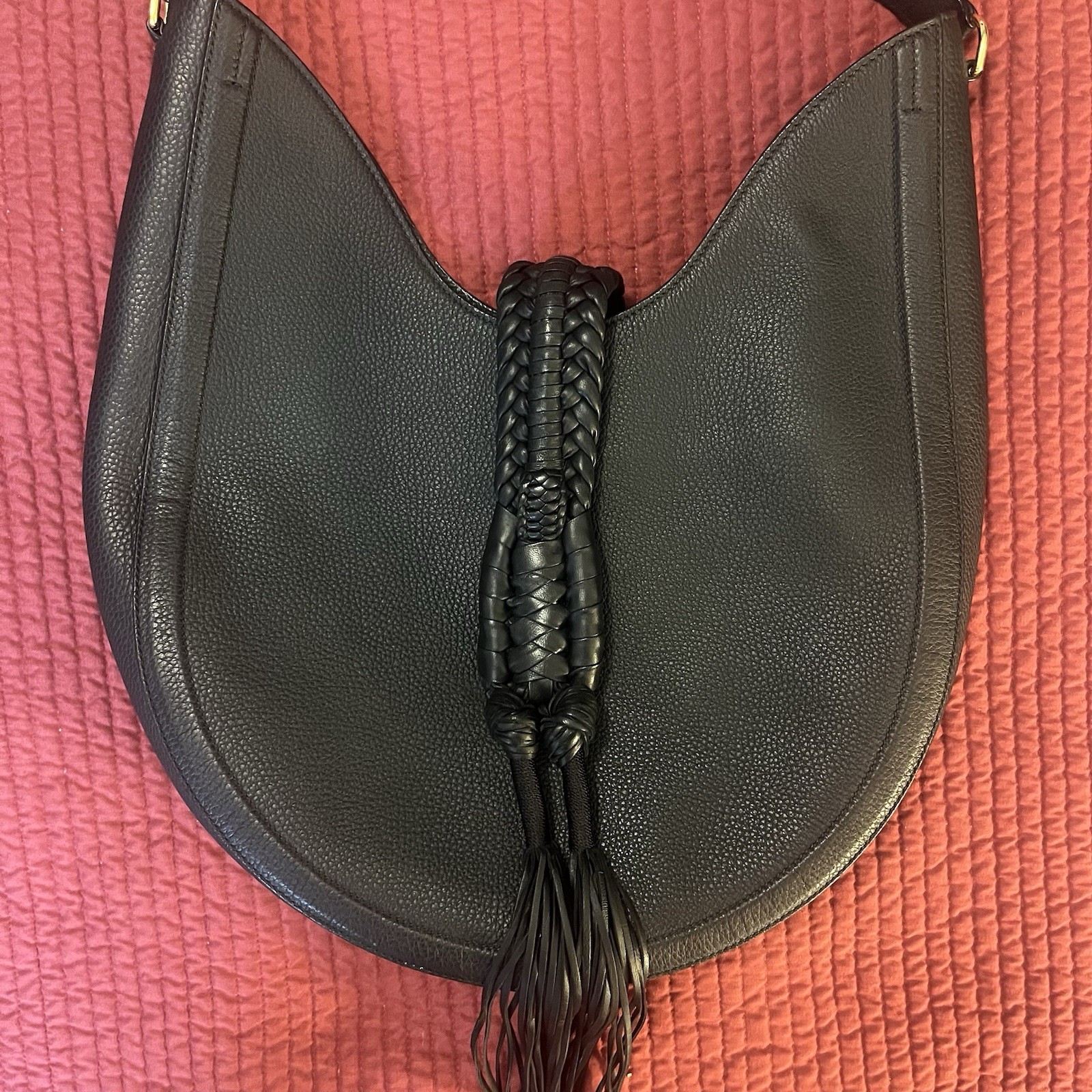 Altuzarra Ghianda Large Black Grained Pebble Leather Crossbody Knot Saddle Bag