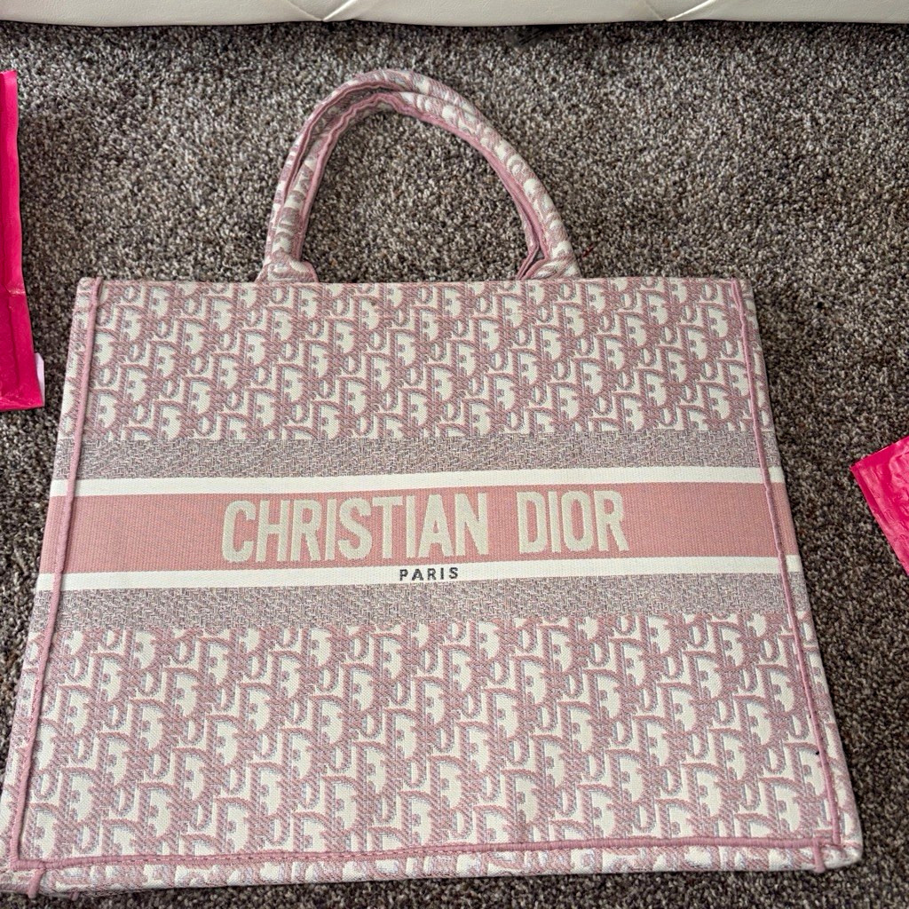 Dior Pink/Beige Monogram Tote Bag w/ Logo Accents, Double Handles, Open