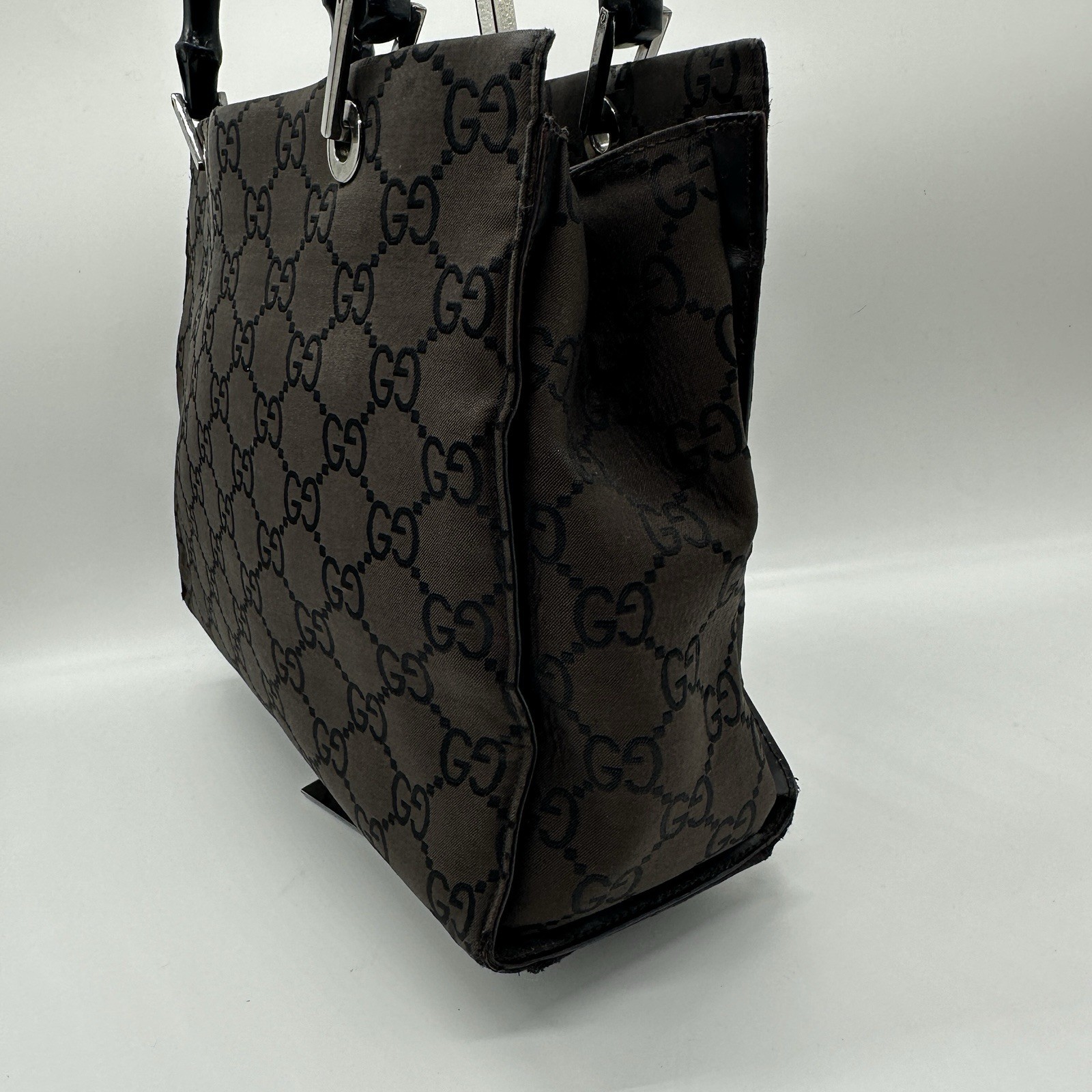 Gucci Handbag Bamboo GG Nylon Dark Brown Purse Double Handle Authentic