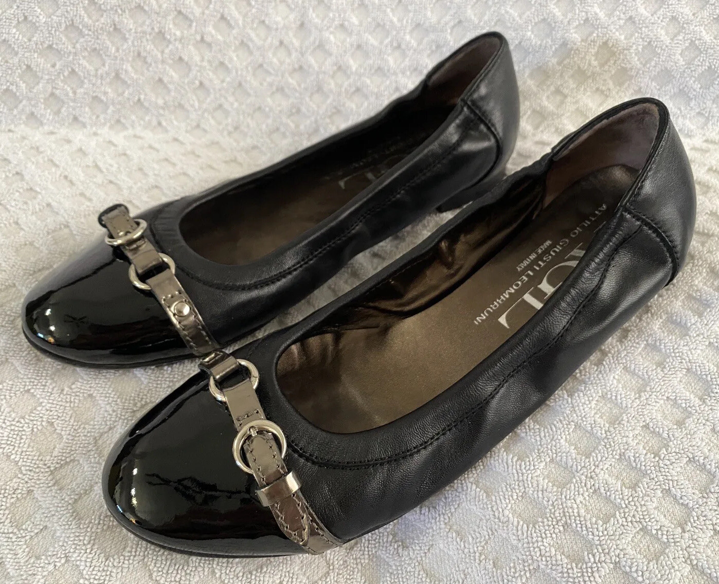 AGL Monika Cap Toe Ballet Flats Black Patent Leather Bronze Size 38.5 US 8.5