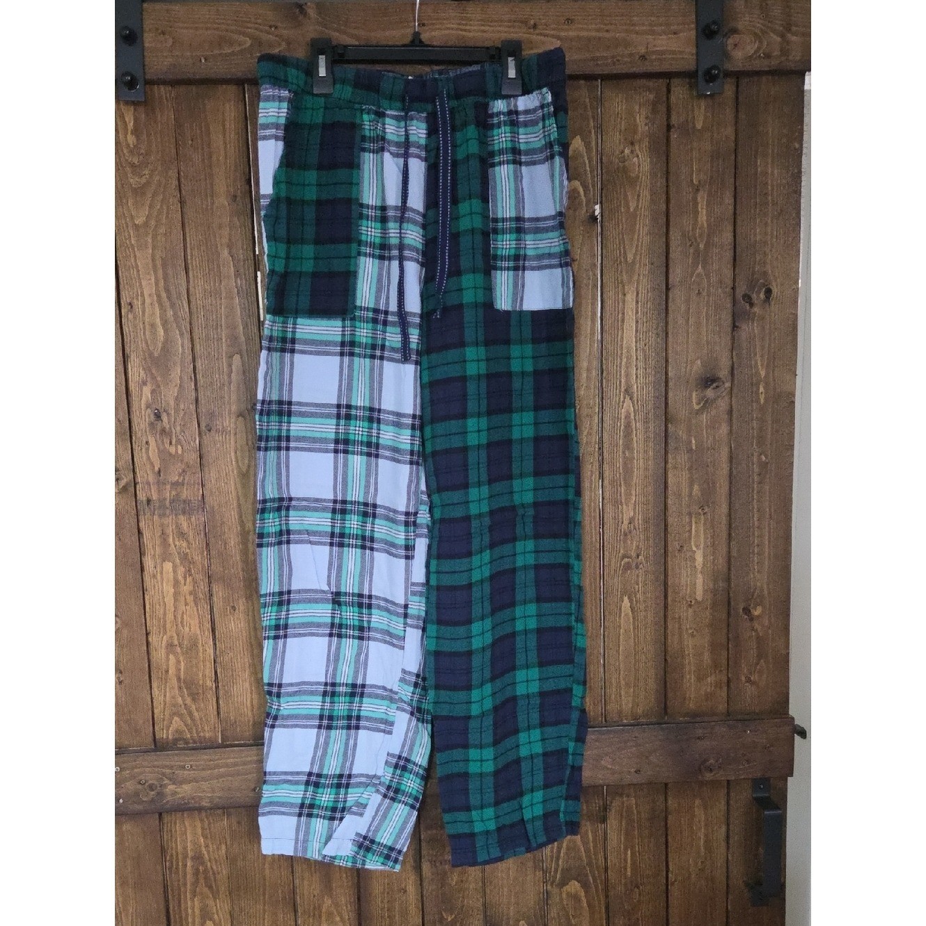 Cozy Plaid Split-Panel Pajama Pants – Green & Light Blue