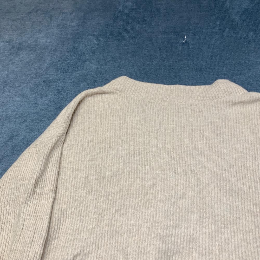 Open Edit Cropped Sweater Womens Large Beige Tight Knit Cotton V Neck Streetwear