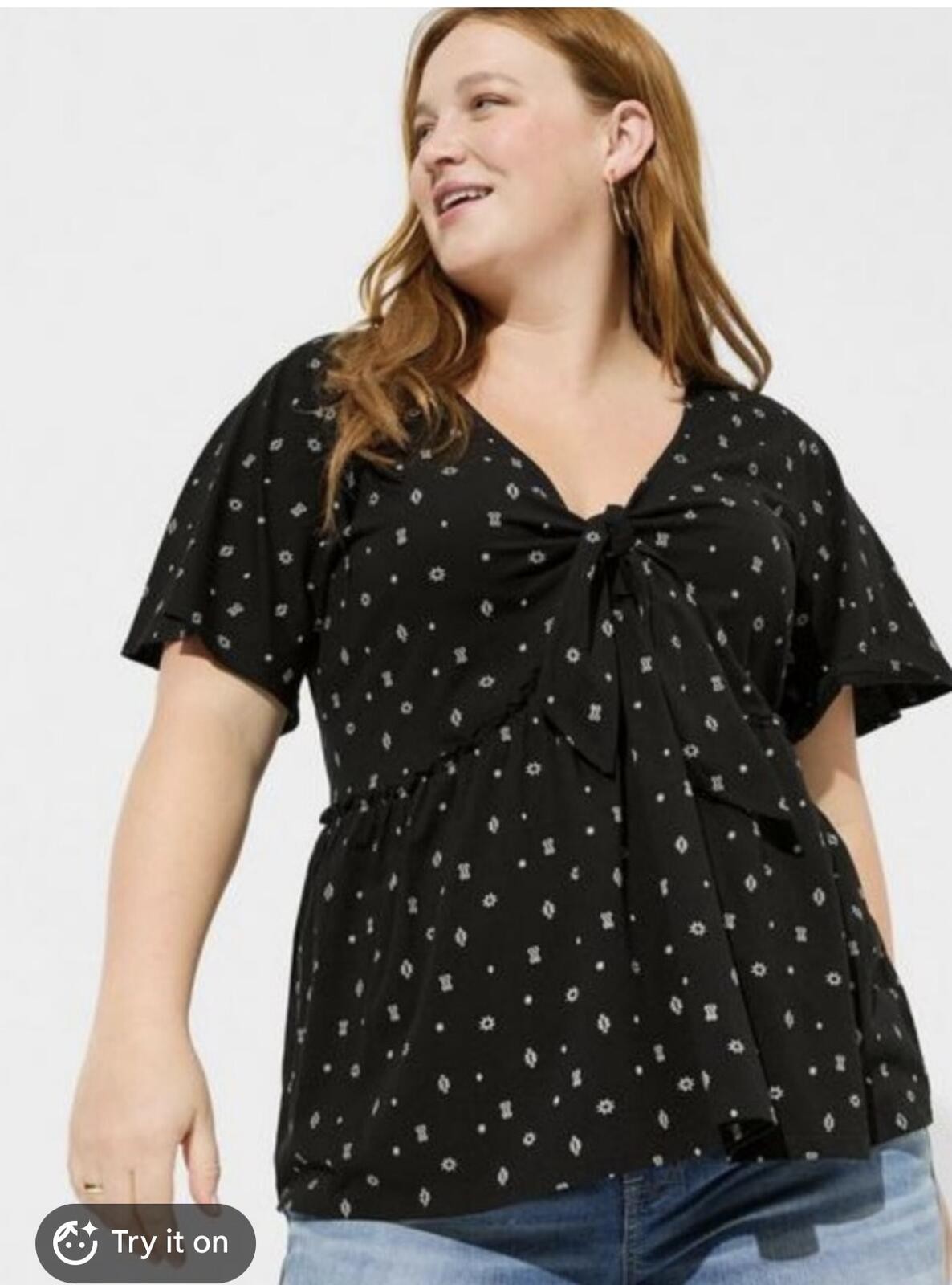 Torrid Vintage Cotton Jersey Babydoll Top Black Boho Tie Front Flutter Sleeve