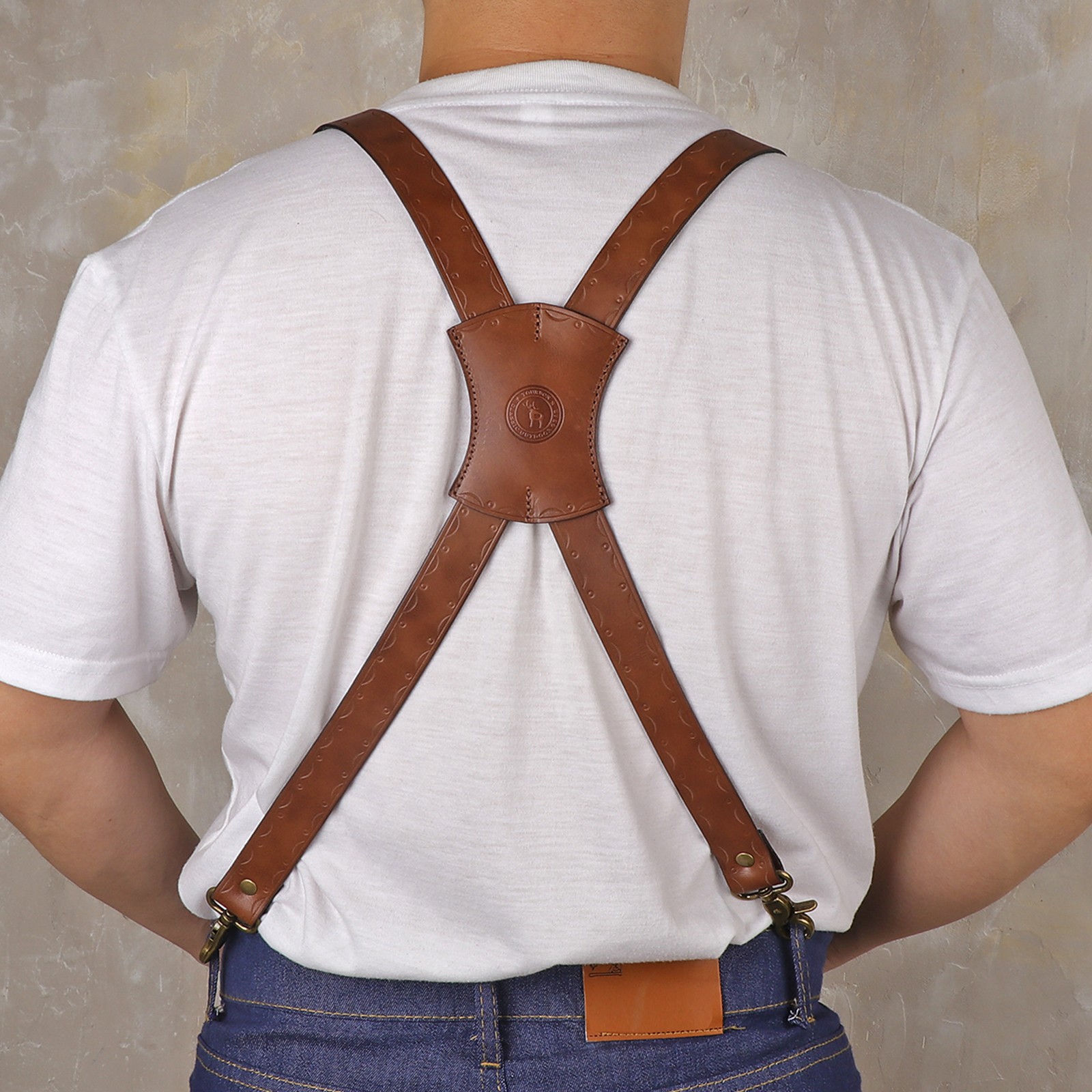 Vintage Leather X-Back Men Suspenders – Adjustable Heavy Duty Metal Hooks Casual