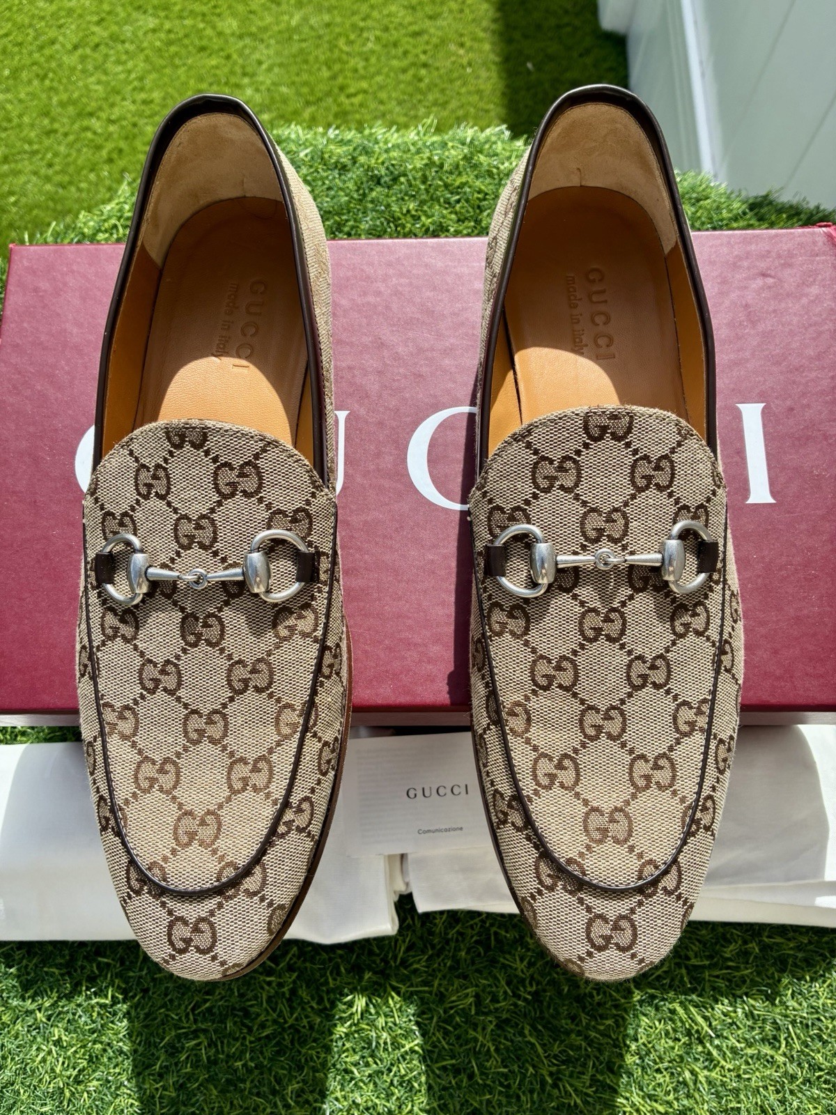 GUCCI CLASSIC BEIGE EBONY GG SUPREME MONOGRAM HORSEBIT JORDAAN LOAFERS G8.5 US9