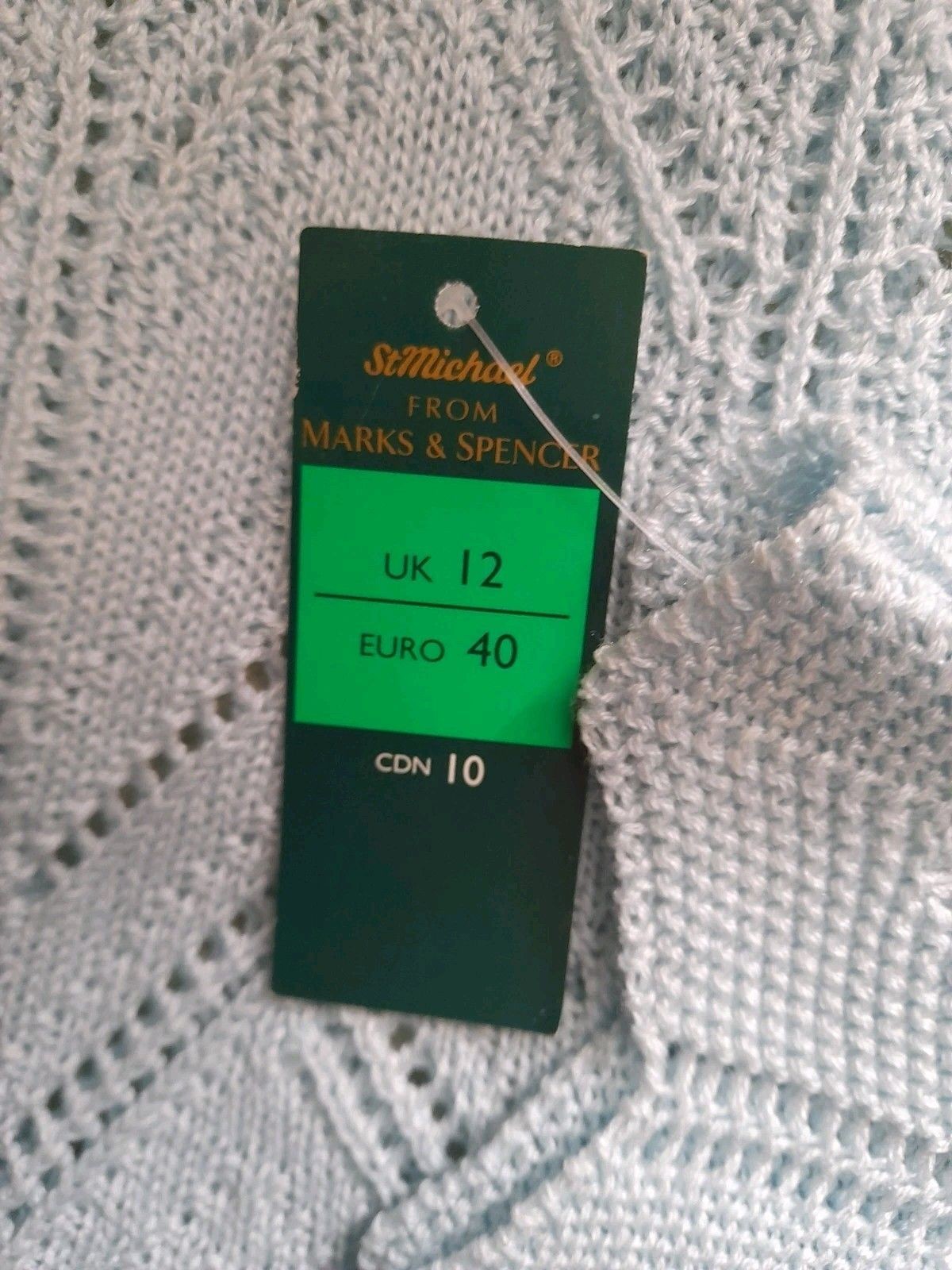 M&S Marks & Spencer Jumper UK 12 Light Aqua S/Sleeve Pointelle Vintage 1990’s