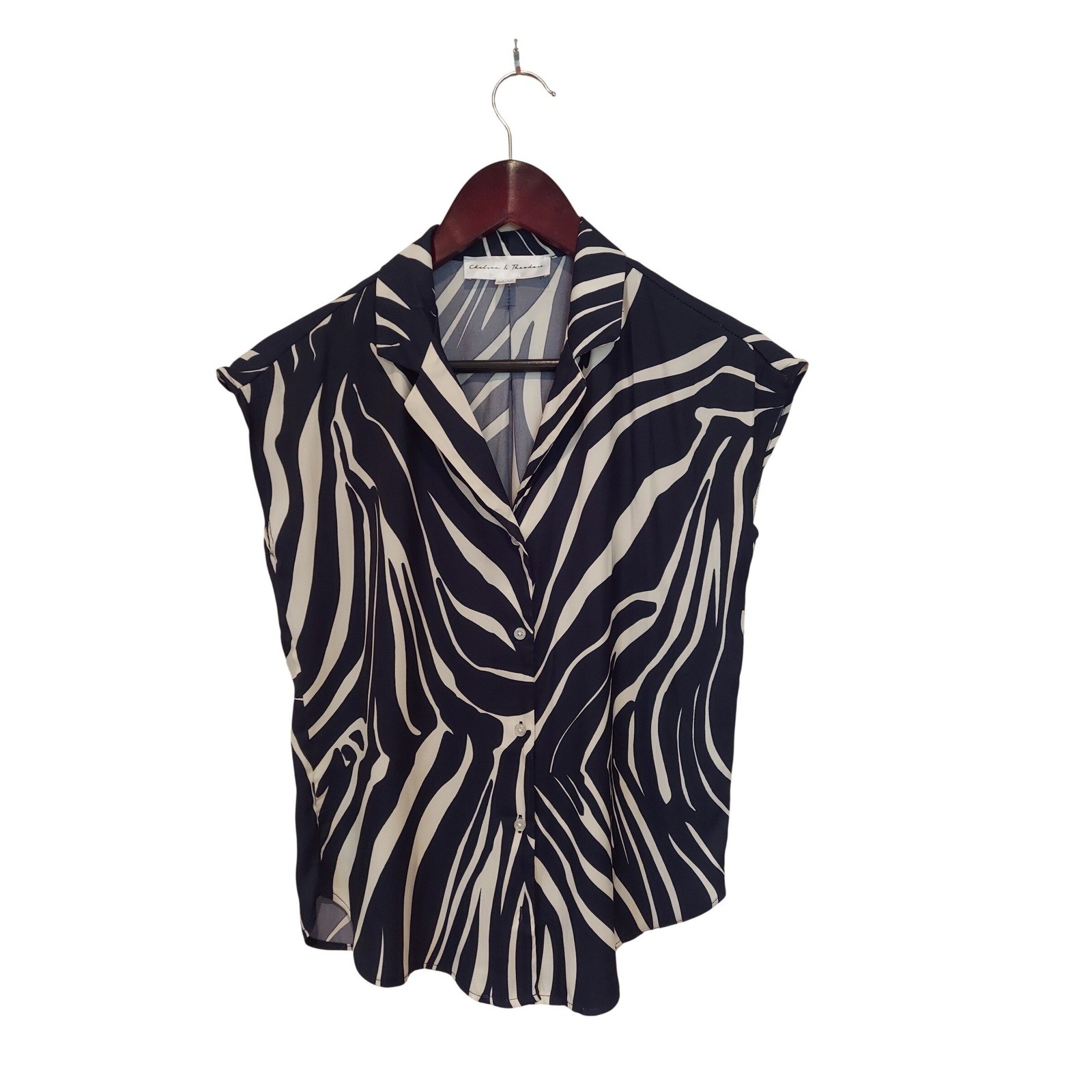 Chelsea Theodore Womens Blouse Size XS Summer Navy White Zebra Print Sleeveless