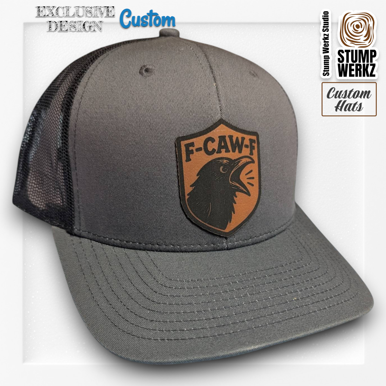Custom Hat Trucker Baseball Cap Richardson Leather Patch Funny F-CAW-F Crow