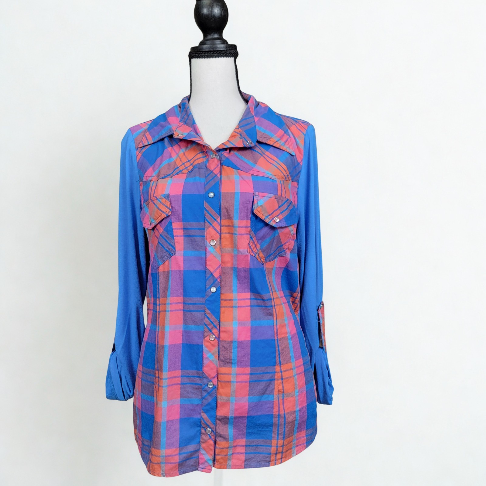 Mojo USA Women Petite 2XL Plaid Snap Button Down Shirt Blue Pink Orange Western