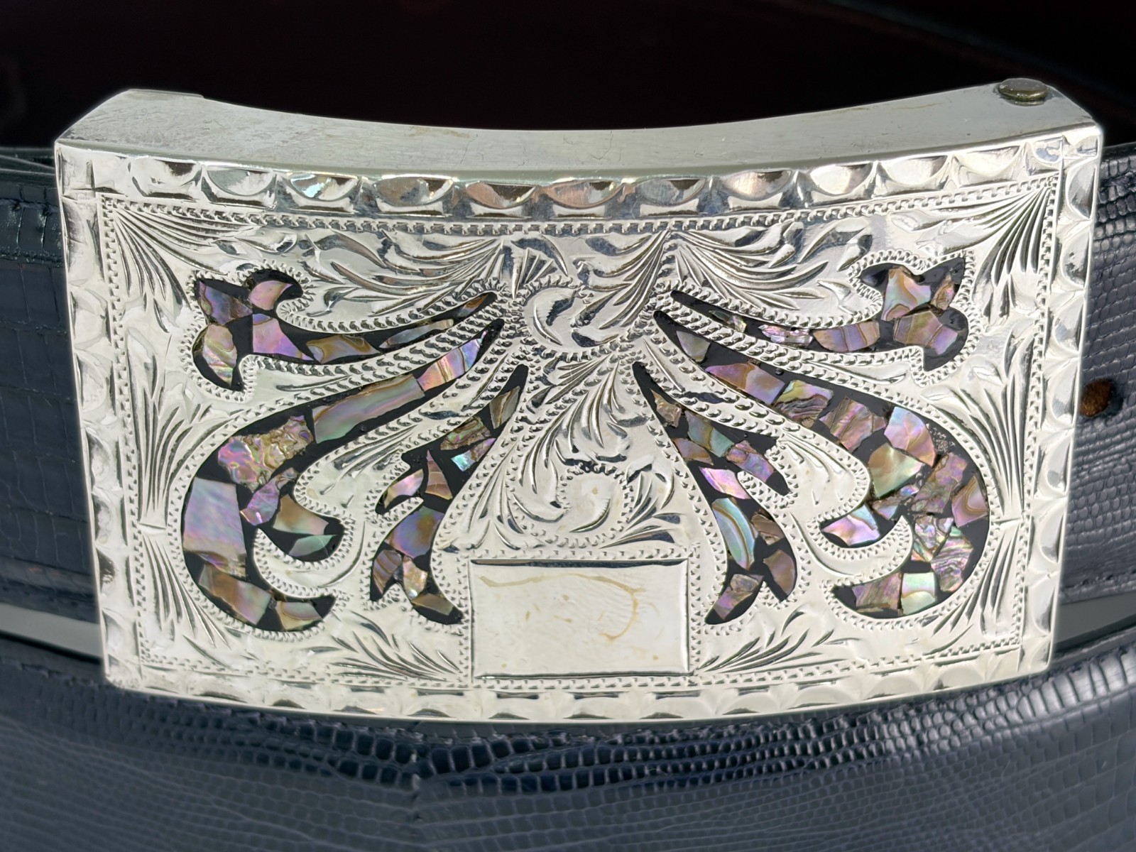 Plata De Jalisco Sterling Silver MOP .925 Belt Buckle Genuine Lizard 38 Maida’s