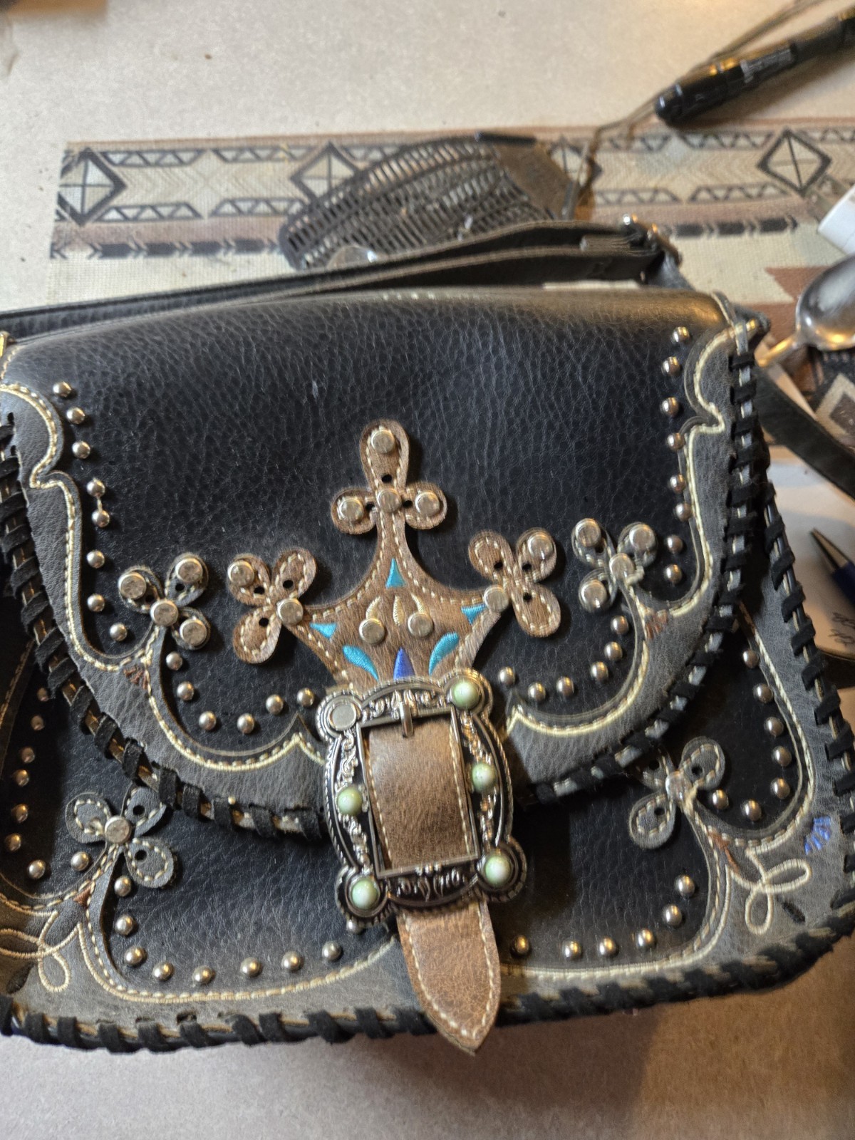 Western Black Studded Embroidered Laced Shoulder Bag w/ Buckle Zip Inner Pockets