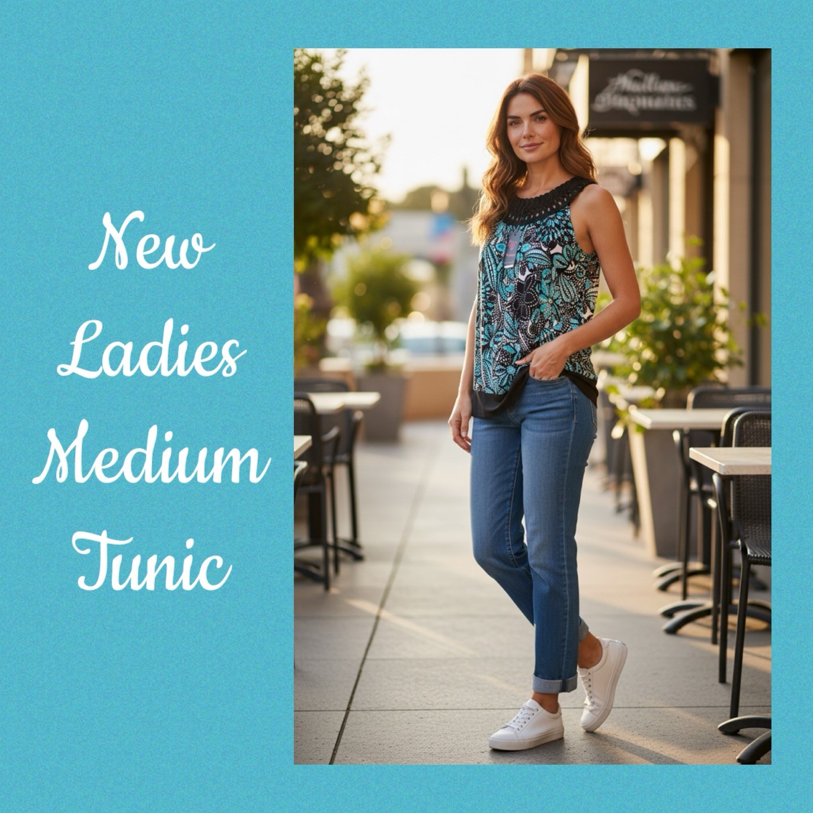 New With Tags Long Tunic Top Teal Black Print Detailed Neckline Ladies Medium