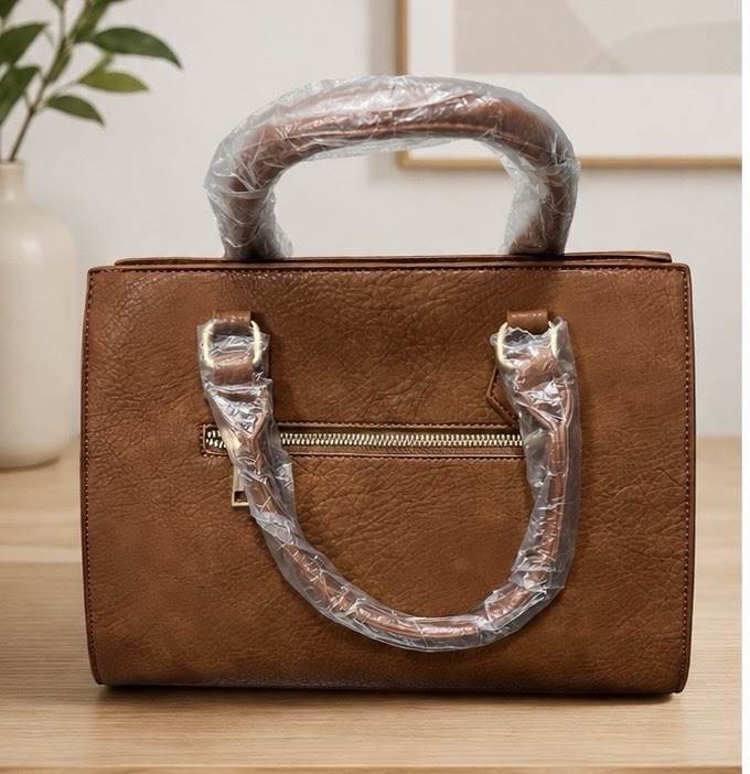 Brown Pebbled Satchel Top Handle Bag, Zip Closure, Detachable Strap, Pockets