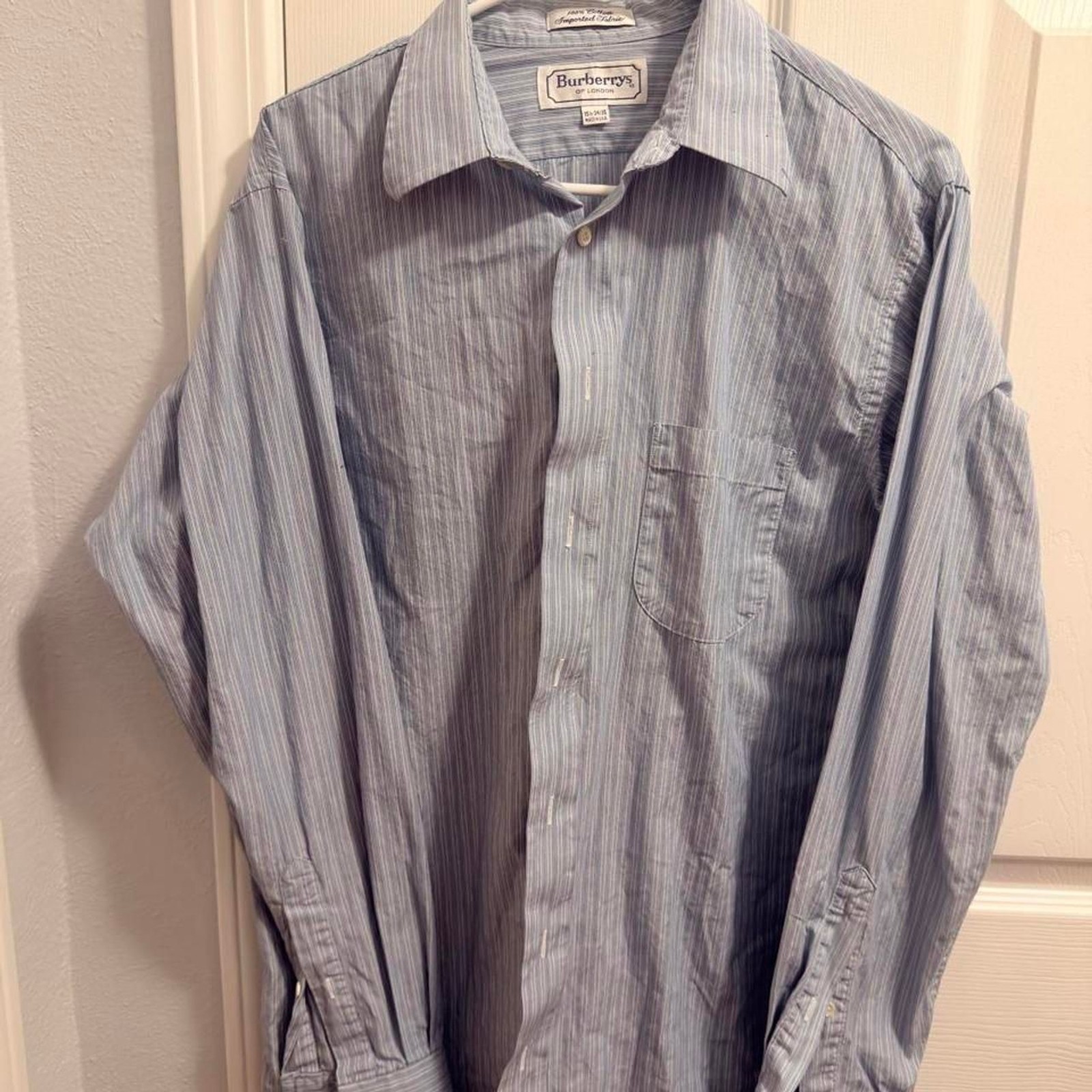(1980s-1990s) Burberrys Pinstripe Button-Up – Blue/White – 15.5 (M/L)