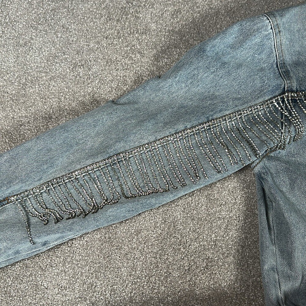 Distressed, rhinestone, fringe, jean jacket, grunge, punk band rock