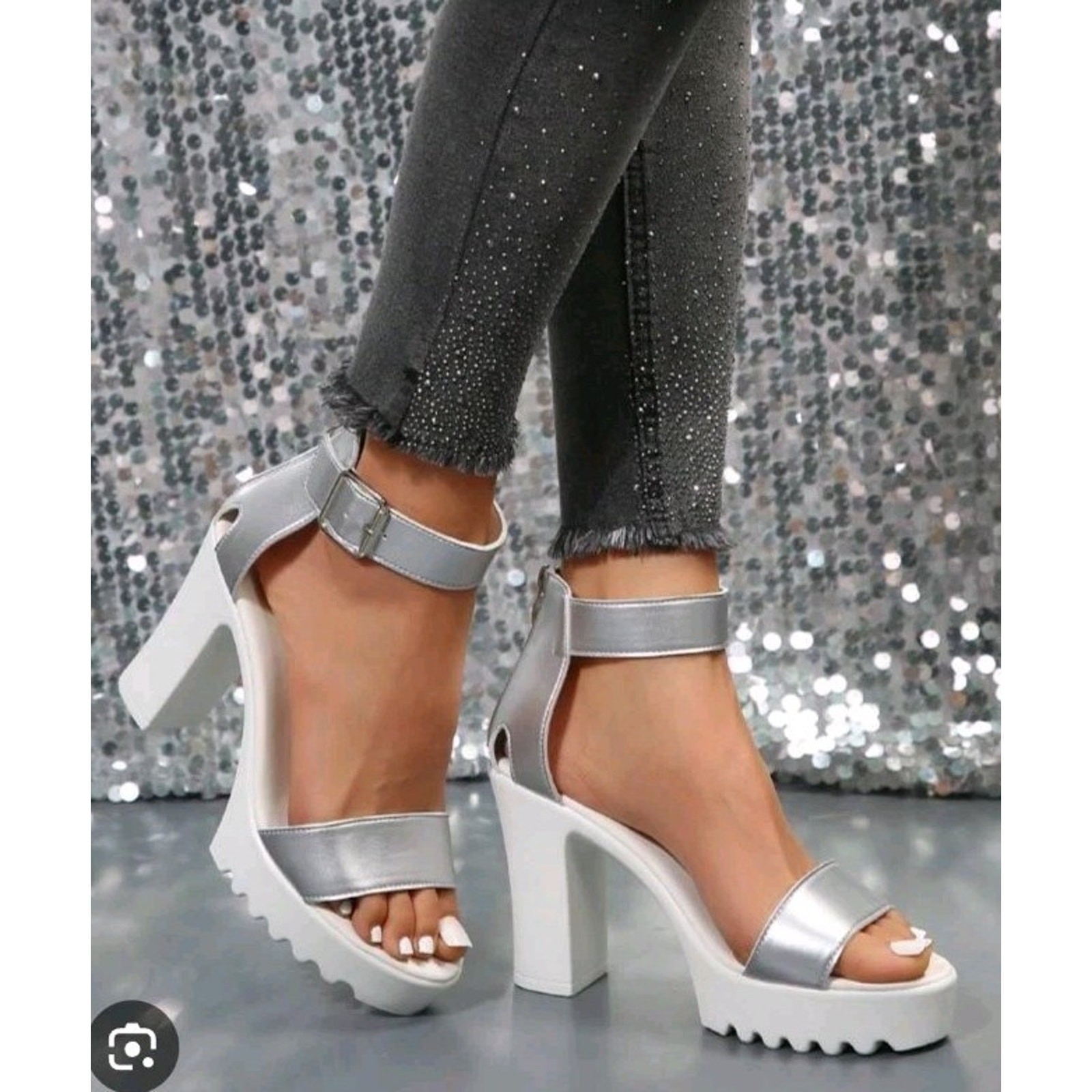 Platform Cleated High Heel Sandals Silver White Size 37 EUC