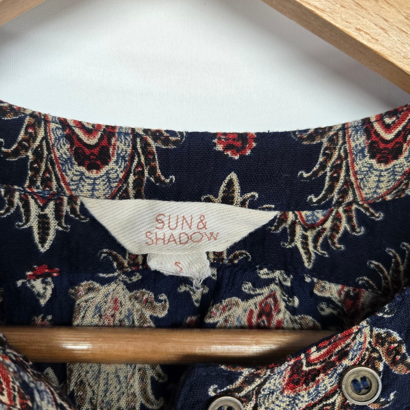 Sun & Shadow Blouse Women Small Navy Blue Paisley Boho Button Front Top Festival