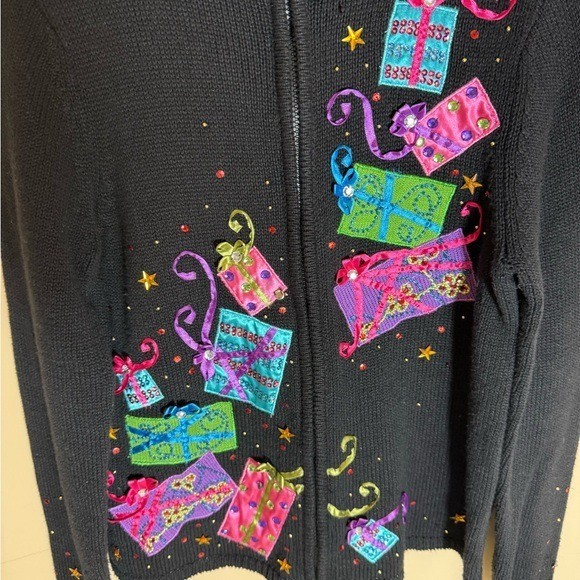 Karen Scott present gift mart Holiday Sweater Black Christmas full zip size S