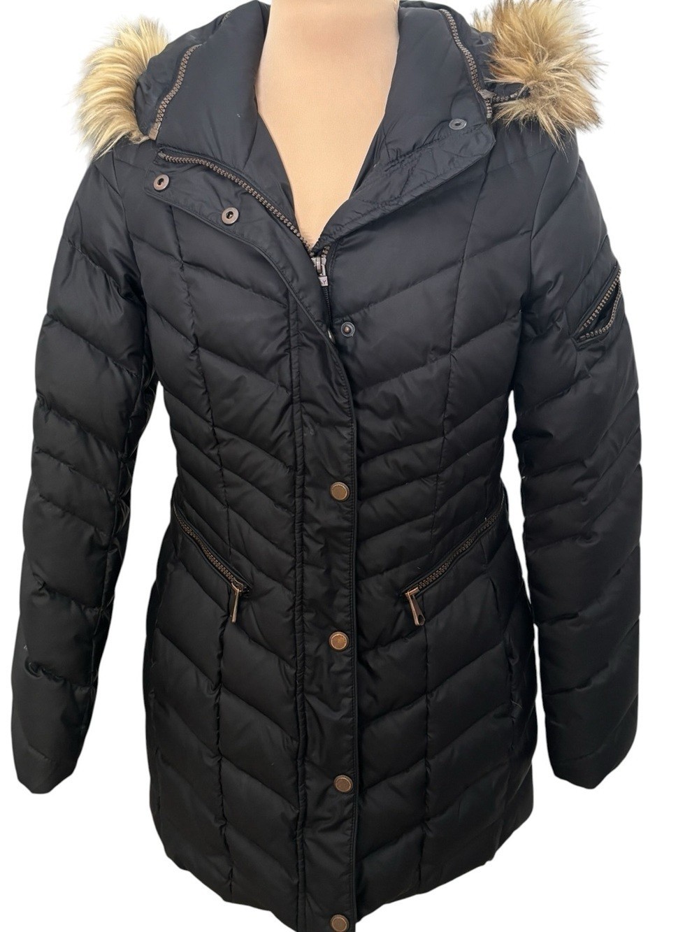 Marc New York Andrew Marc Black Puffer Coat Faux Fur Trim Hood Women’s XS
