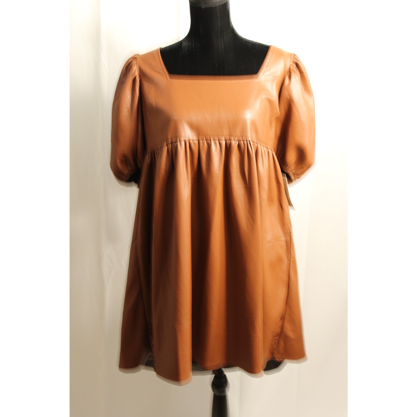 Böhme Womens XL Brown Faux Leather Babydoll Dress Side Pockets Puff Sleeve NWT
