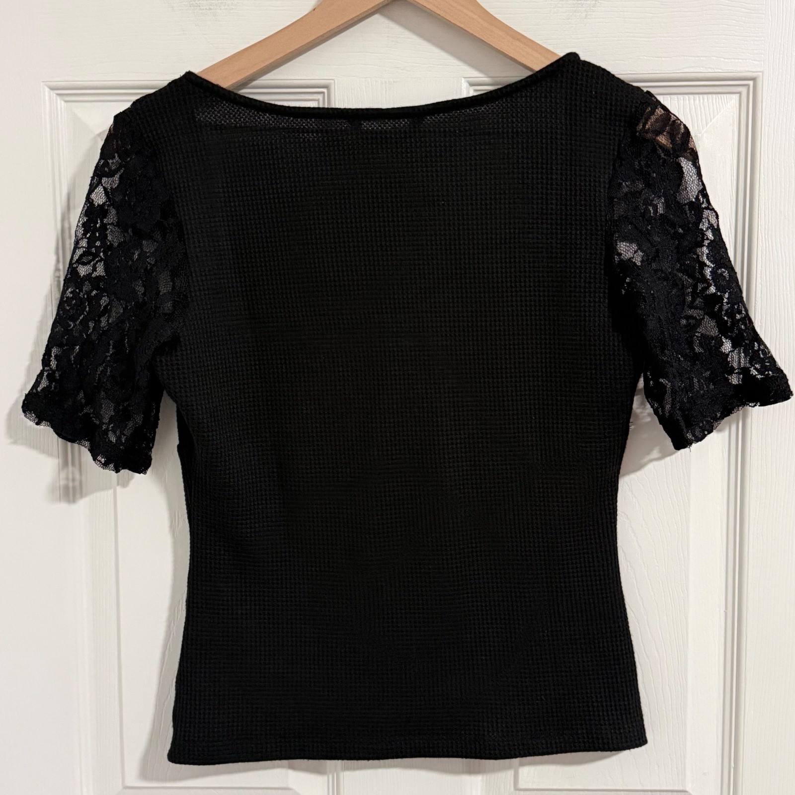 Whimsigoth Top Womens Large Black Lace Dark Feminine Waffle Knit Sweetheart Neck