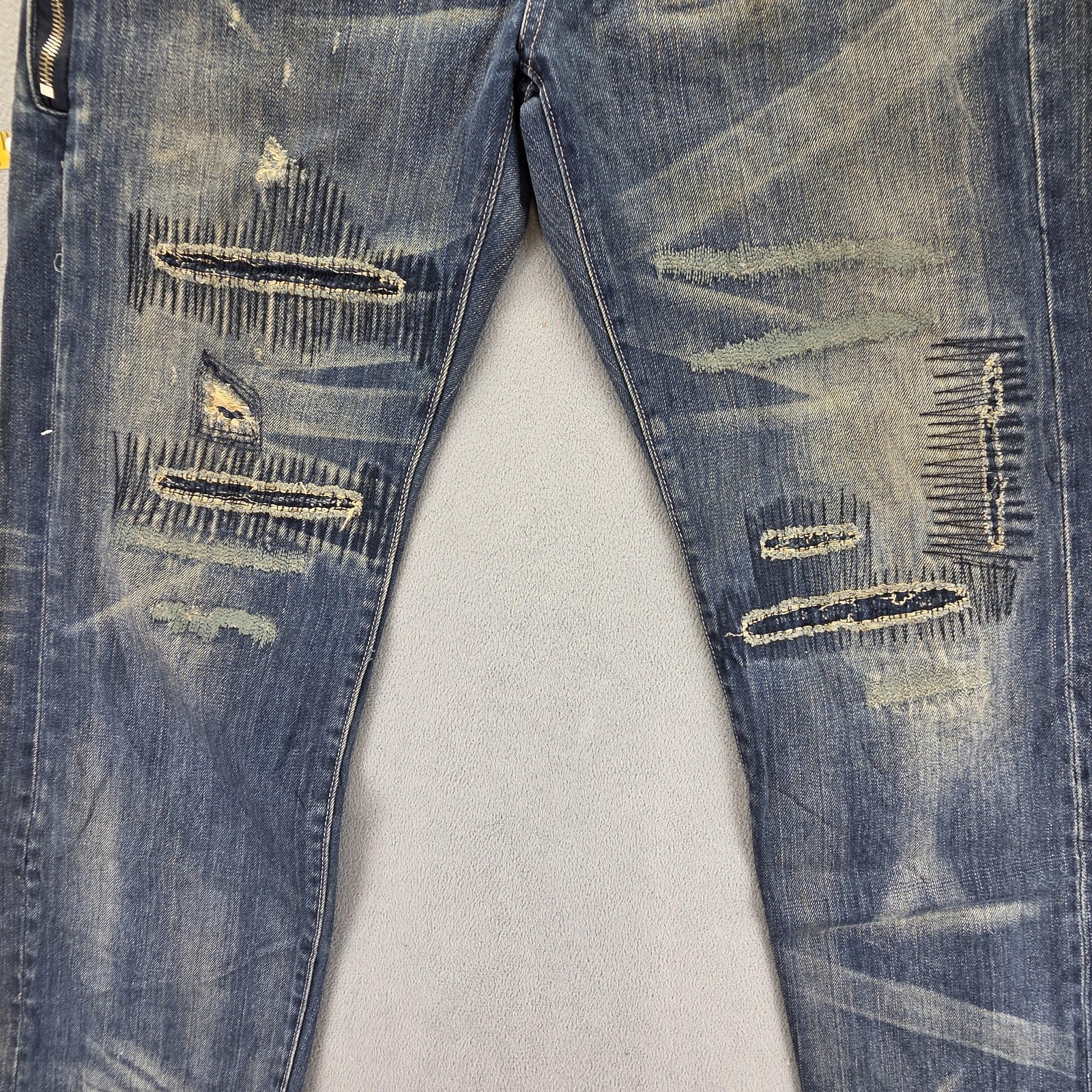 Selvedge Jeans Mens Blue Thrashed Patchwork Whiskers Honeycomb Fits 33×31