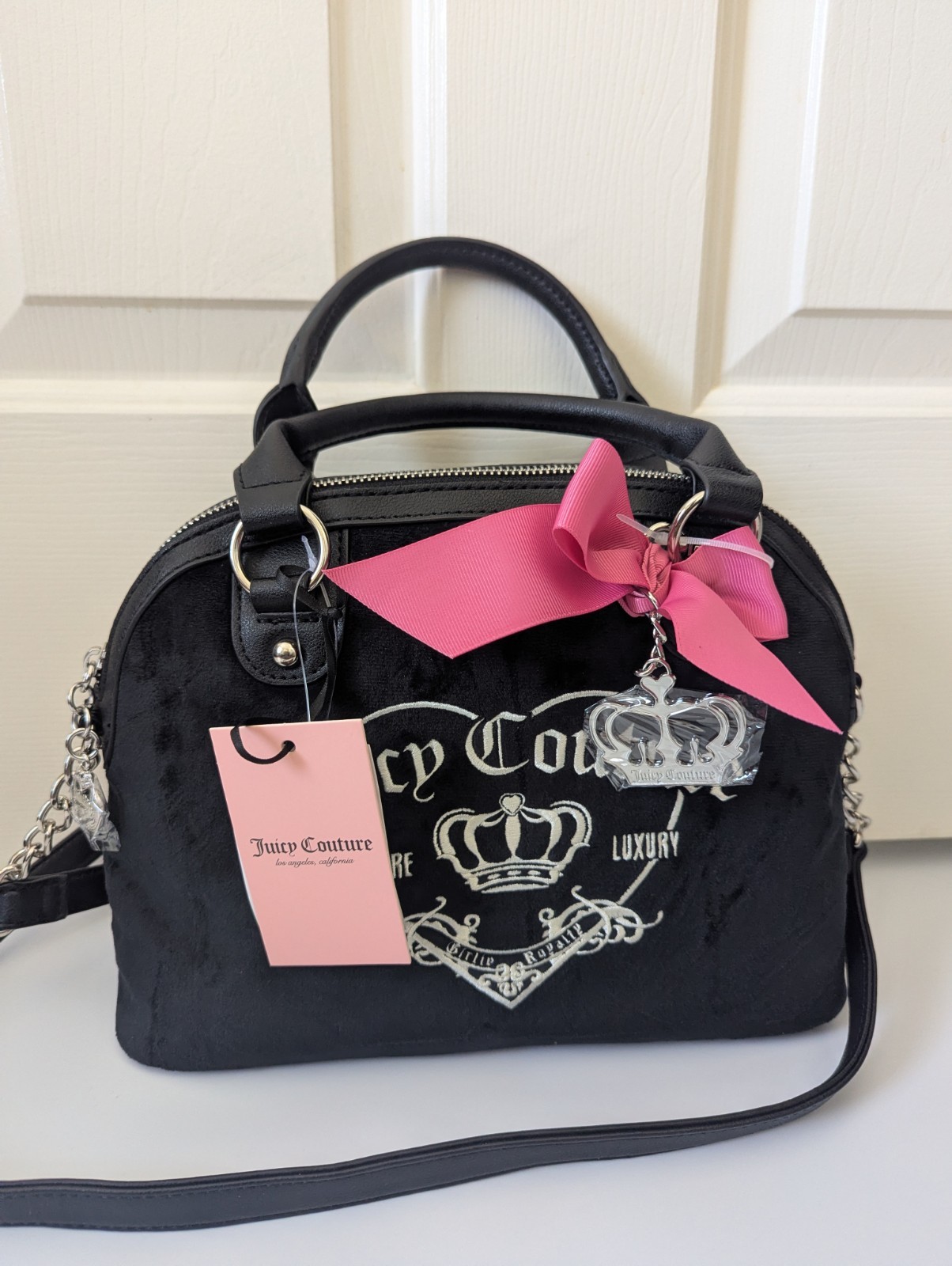 Juicy Couture Black Small Satchel Zip Top Logo Bow Charm Chain Strap Silver