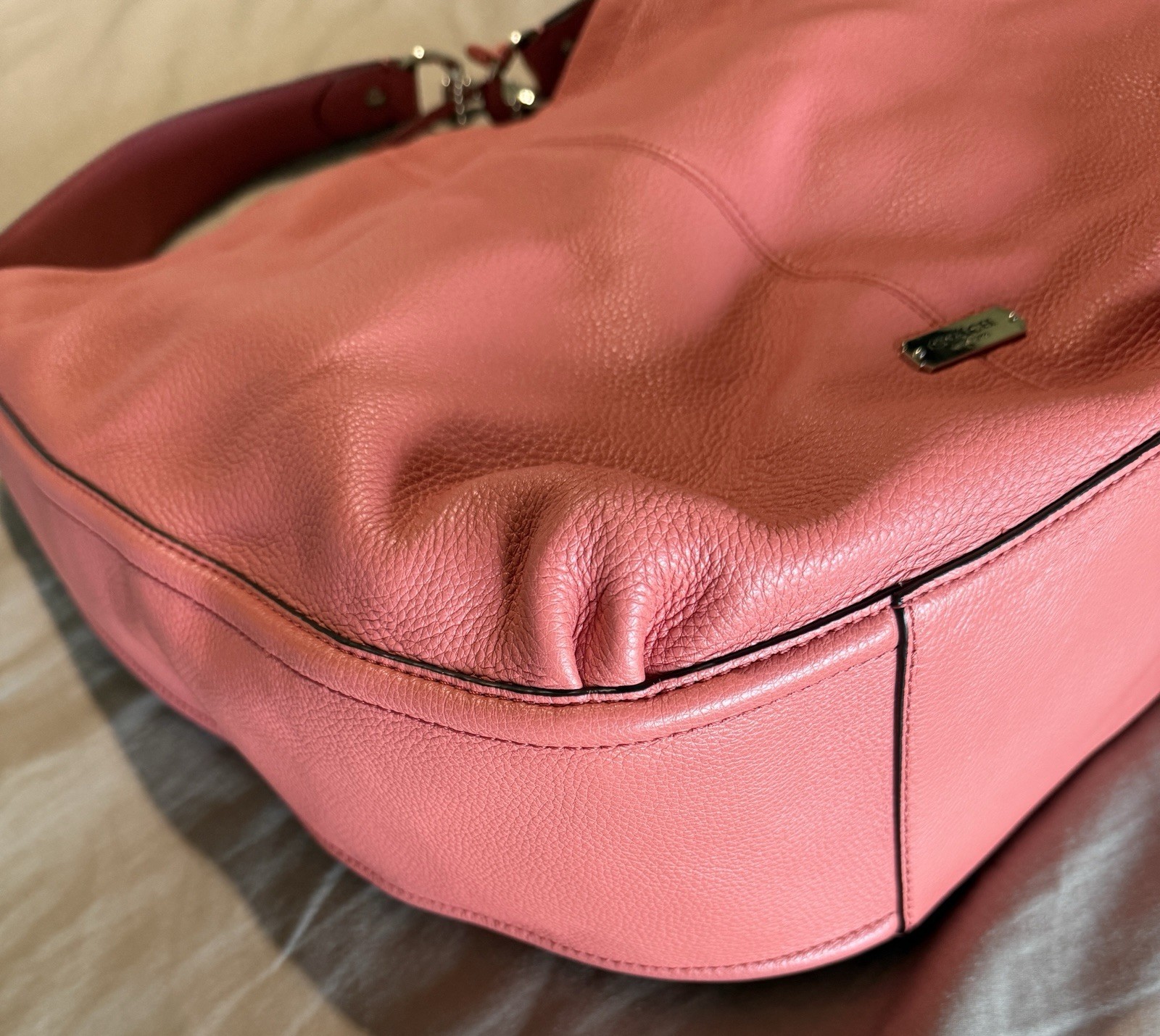 Authentic Coach Avery Pebbled Leather Hobo Bag, F23309, Coral/Sienna, Pre-Owned
