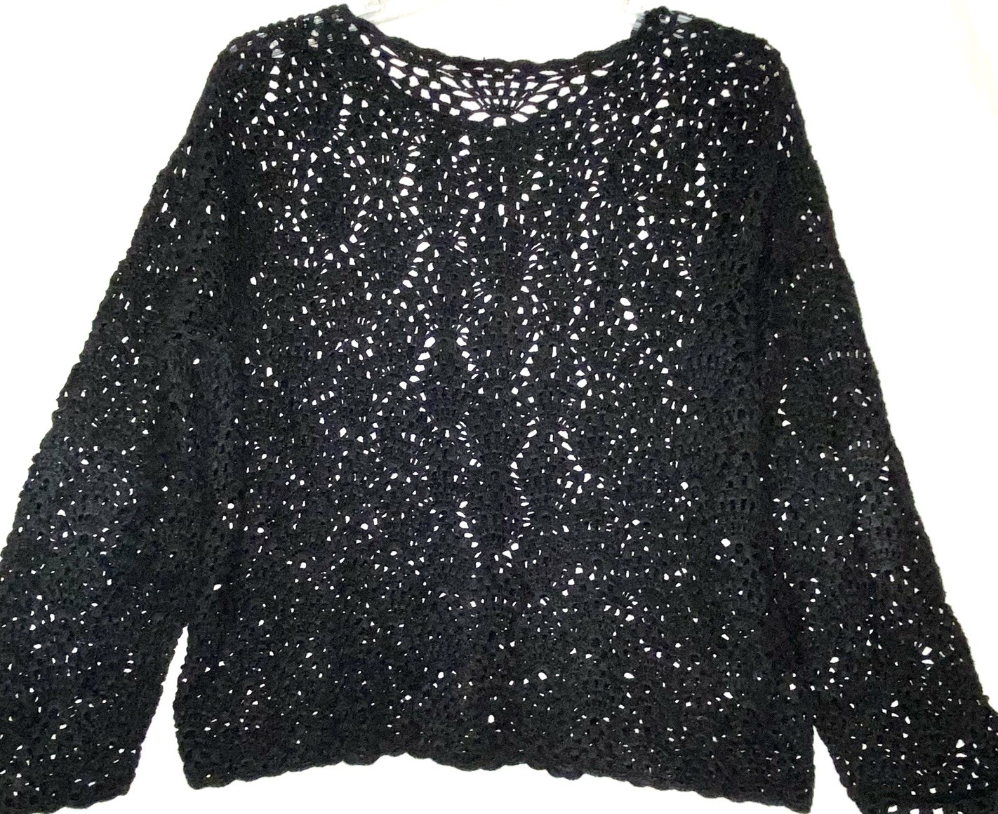 Liz Claiborne Black Cotton Open Weave Crochet Cardigan Sweater Grannycore Sz XL