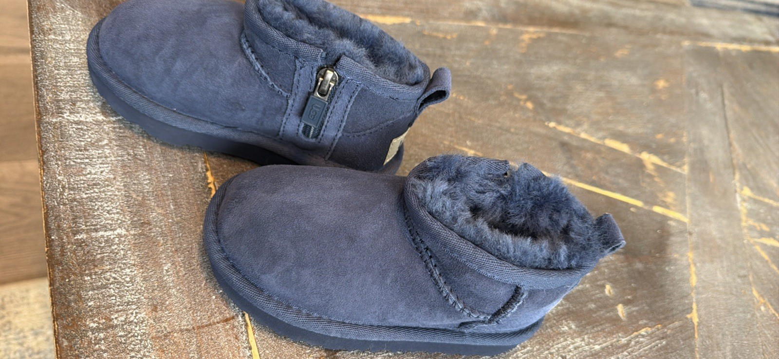 UGG Blue Suede ultra mini Fur Lined Ankle Bootie Zip Logo Trim US 8c