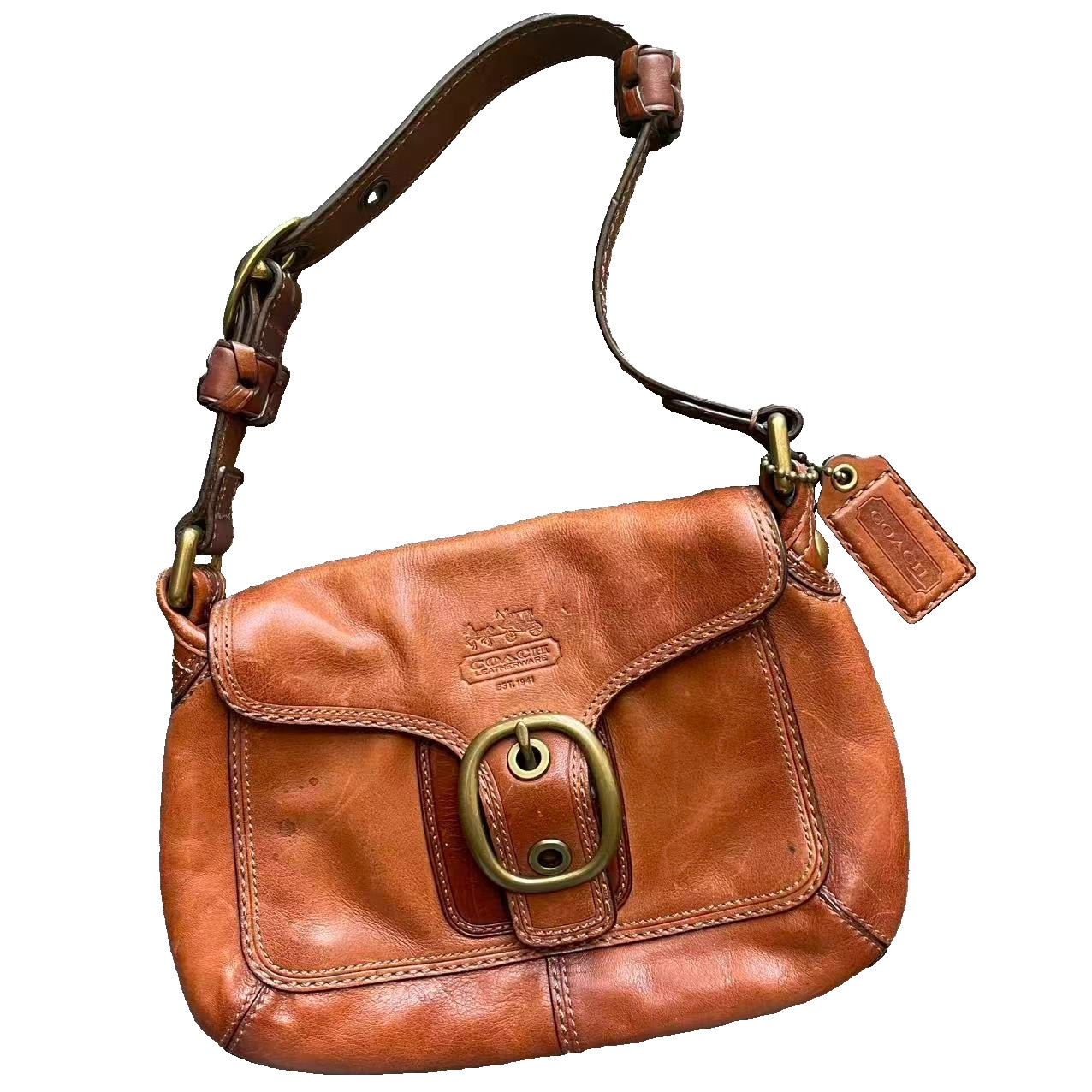 Vintage Coach Bleecker Legacy 11427 Tattersall Flap Cognac Leather Shoulder Bag