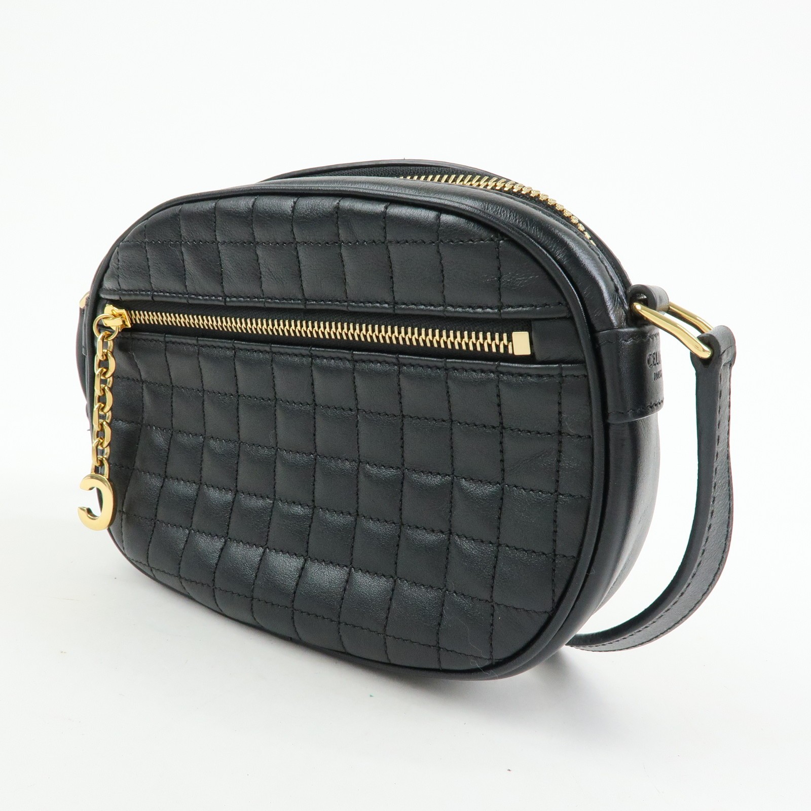 CELINE C Charm Leather Shoulder Bag Crossbody Bag Camera Bag Black Auth Used F/S