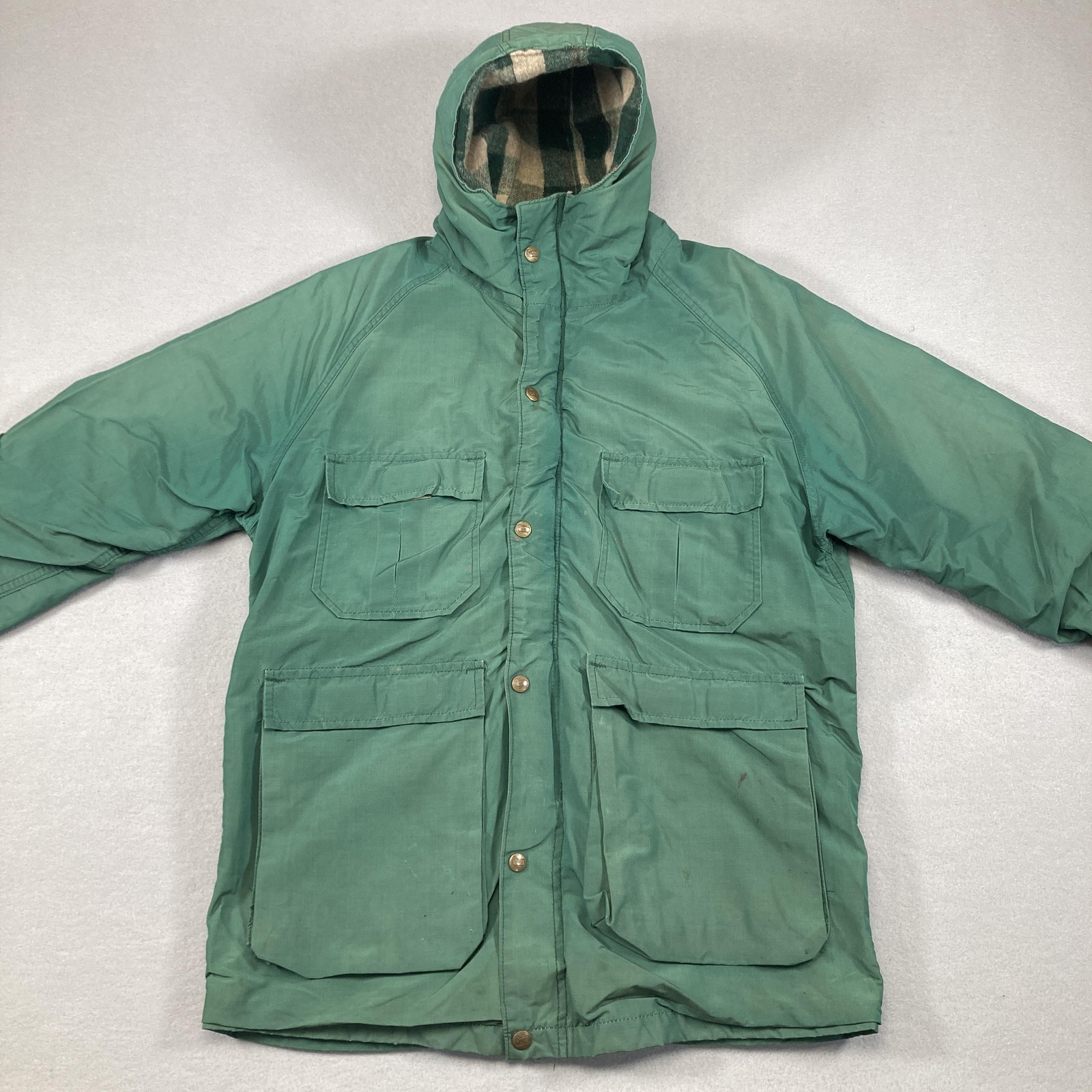 Vintage Woolrich Jacket Mens Large Green Hooded Hunting Parka Coat Plaid Lined